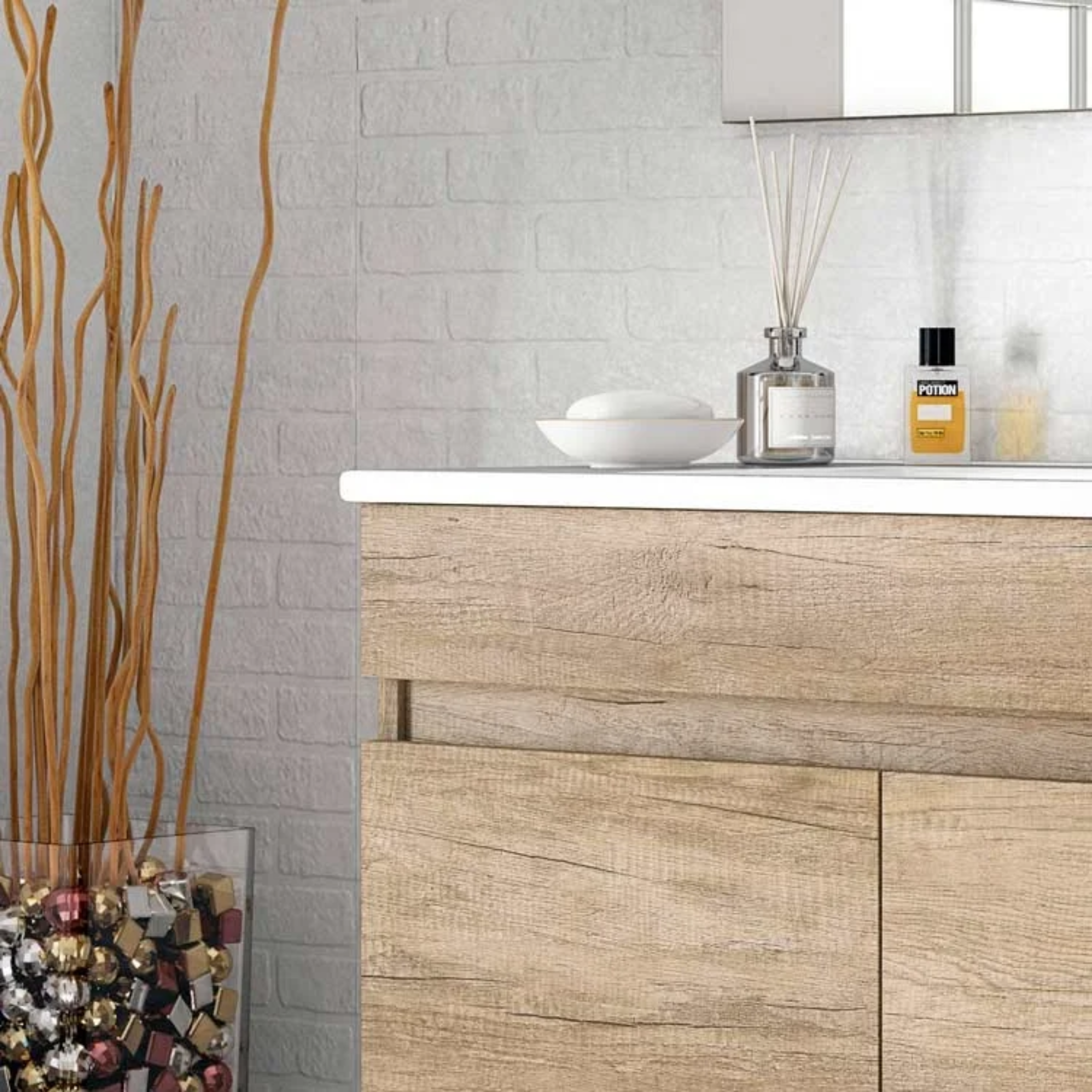 Mobile da bagno sospeso "Bali" 2 ante con specchio in legno rovere Nordik