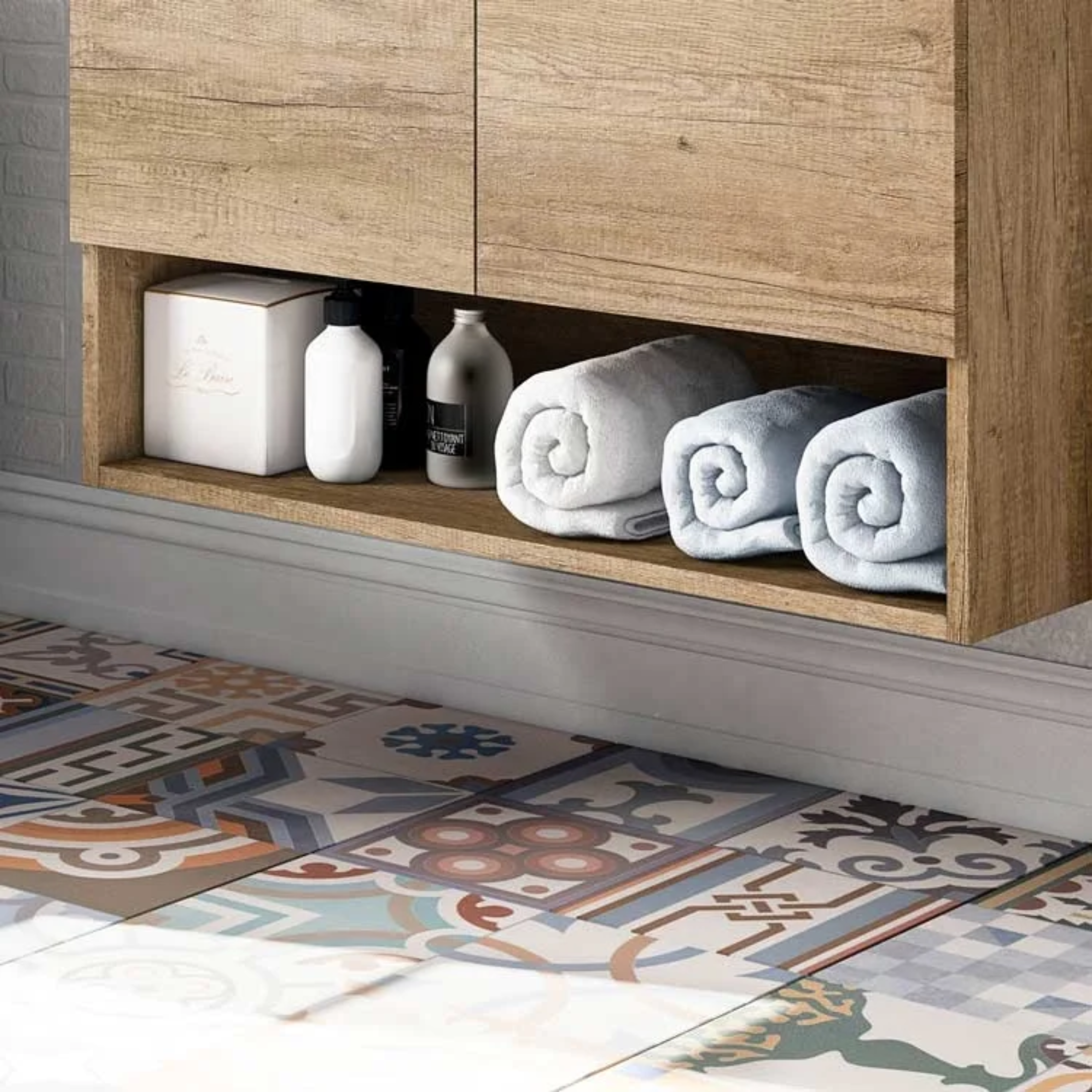 Mobile da bagno sospeso "Bali" 2 ante con specchio in legno rovere Nordik