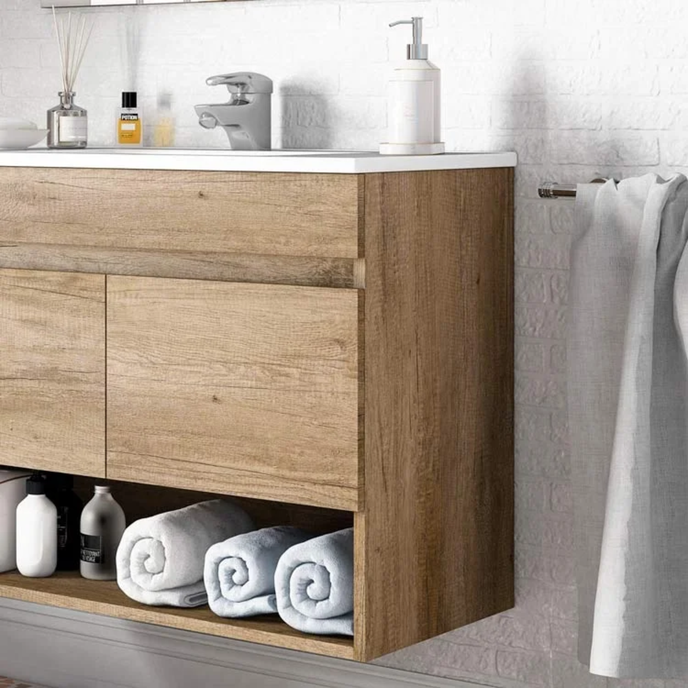 Mobile da bagno sospeso "Bali" 2 ante con specchio in legno rovere Nordik