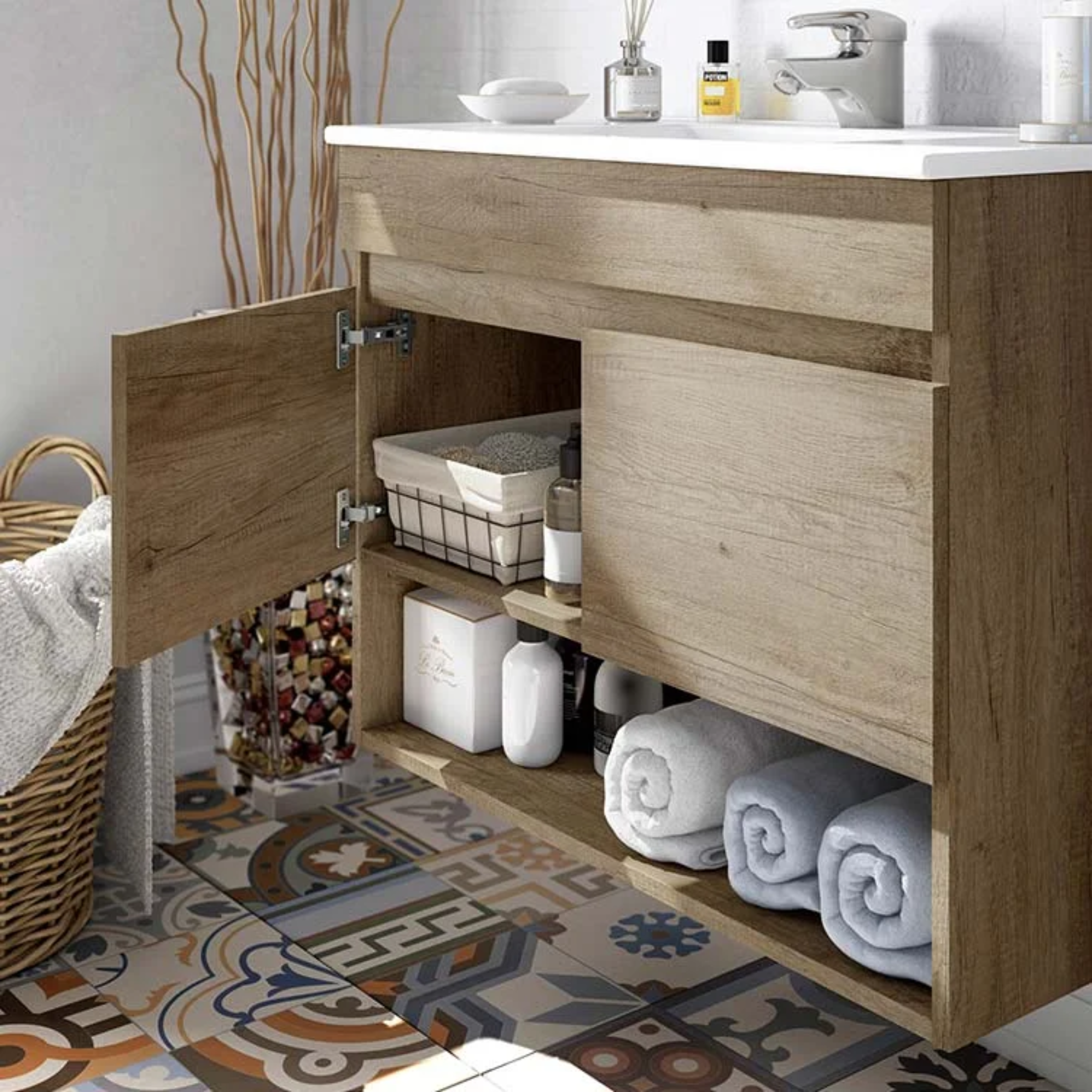 Mobile da bagno sospeso "Bali" 2 ante con specchio in legno rovere Nordik