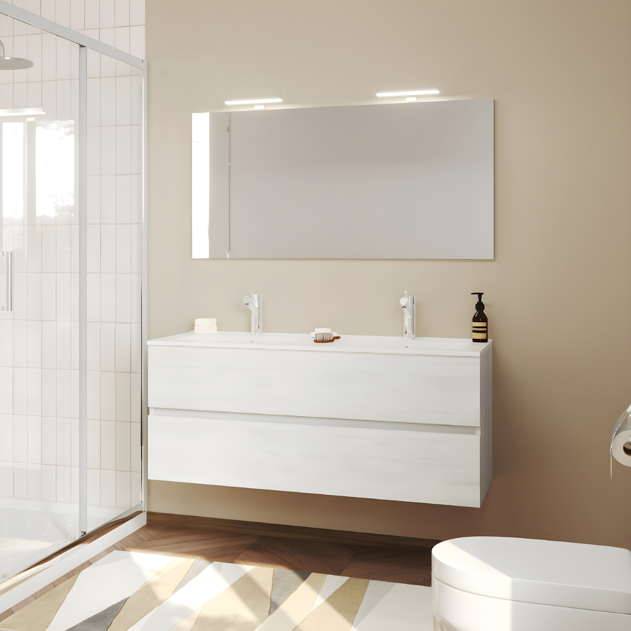 Mobile da bagno sospeso "Tara2" con doppio lavabo , 2 cassettoni e specchio LED