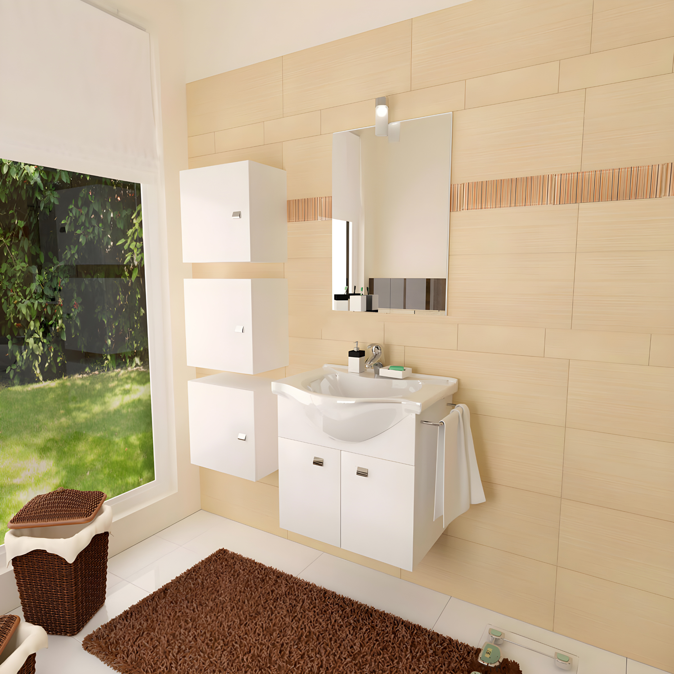 Mobile bagno sospeso "Moa55" con lavabo consolle e ante con maniglie cromate e specchio LED