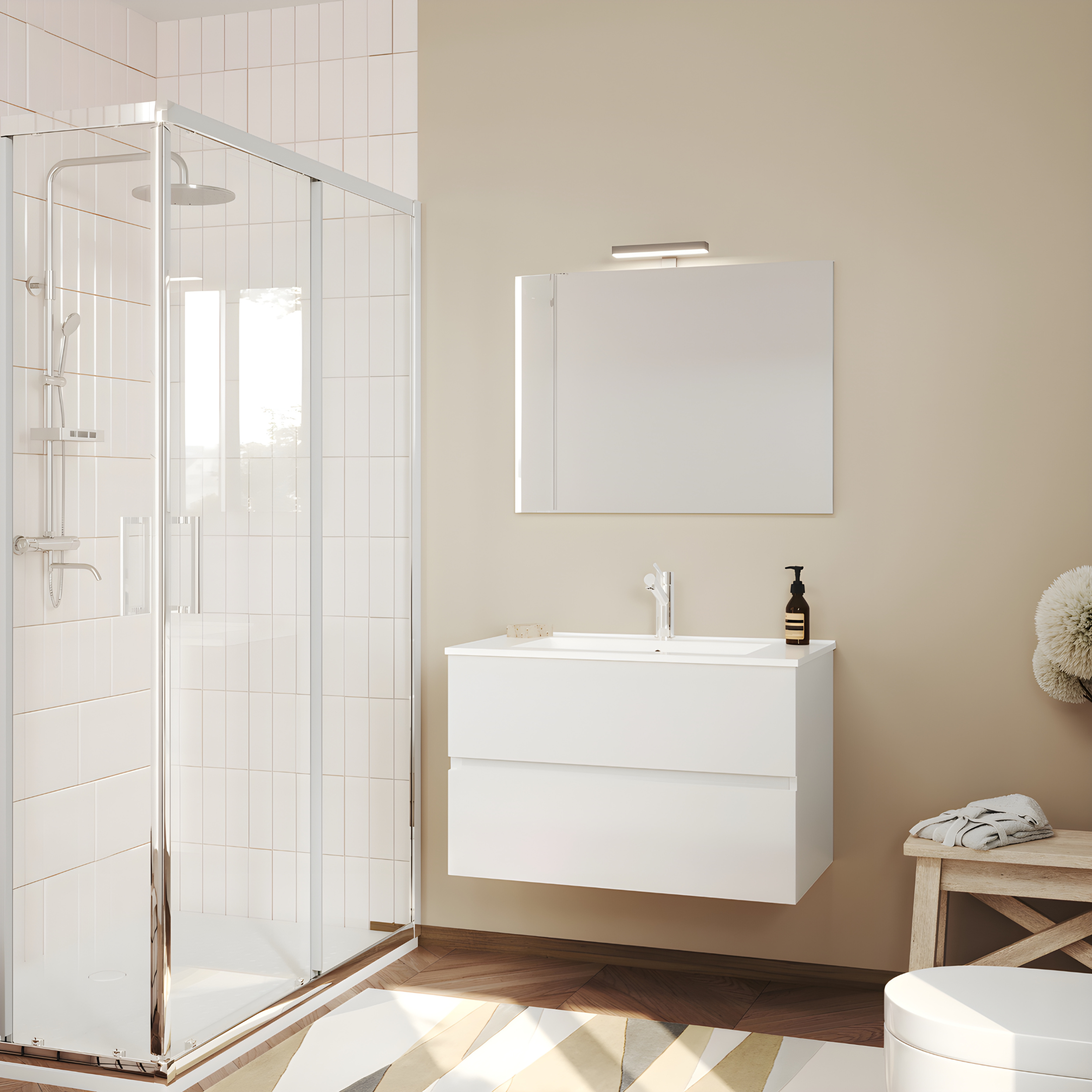 Mobili da bagno sospeso moderno "Tara" con 2 cassetti , lavabo da incasso e specchio LED