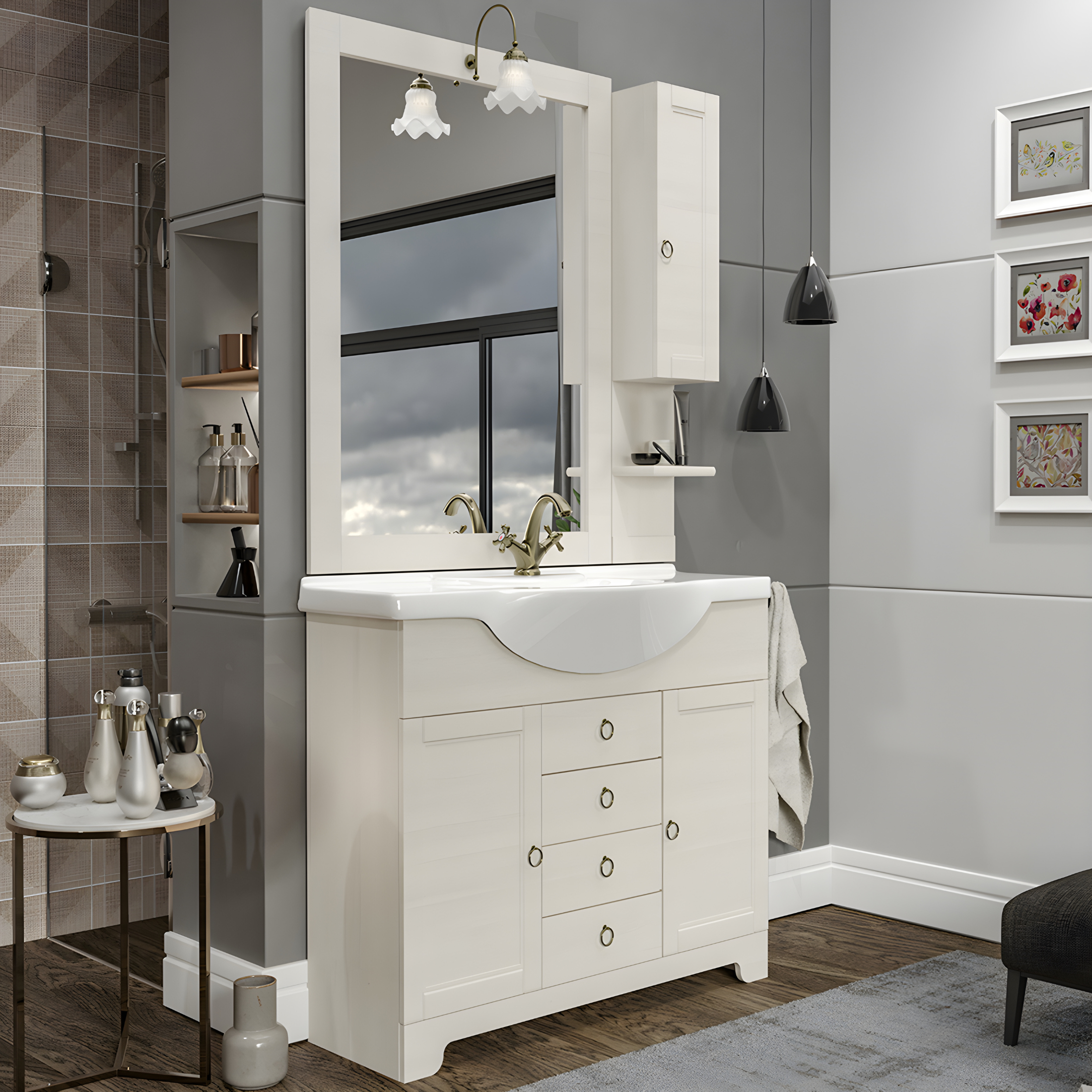 Mobili da bagno rovere bianco "Cirella" dal design classico con lavabo integrato in ceramica con specchio e pensile