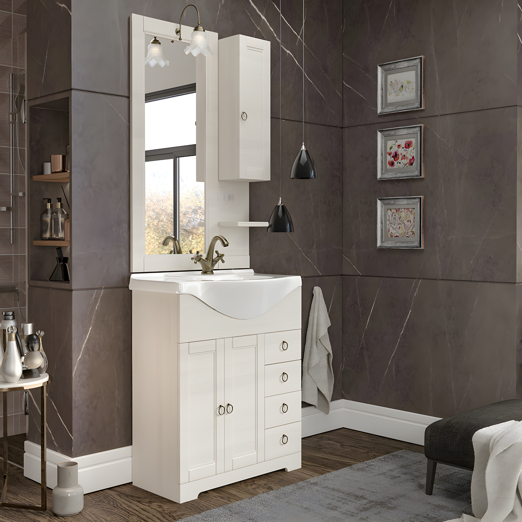 Mobili da bagno rovere bianco "Cirella" dal design classico con lavabo integrato in ceramica con specchio e pensile