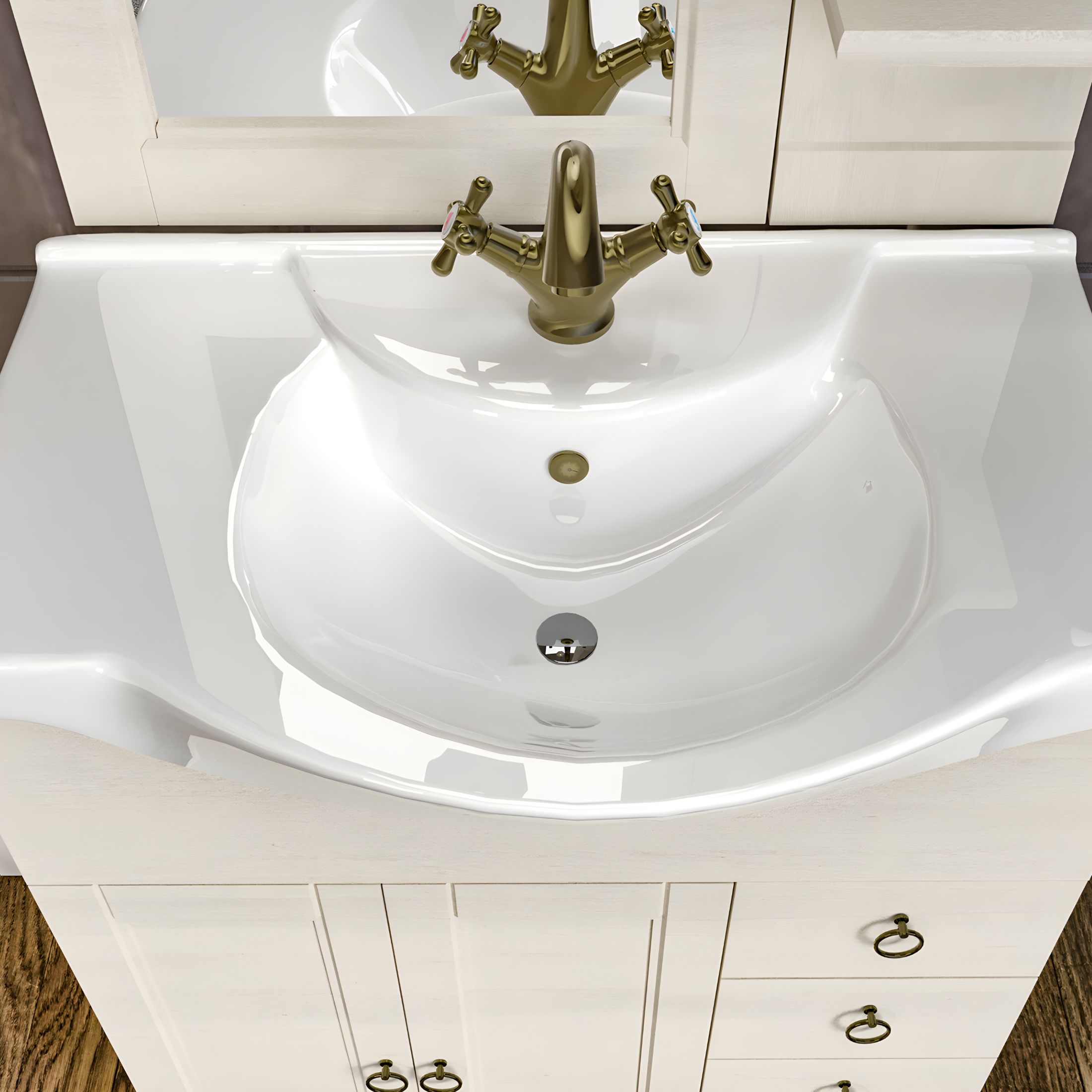 Mobili da bagno rovere bianco "Cirella" dal design classico con lavabo integrato in ceramica con specchio e pensile