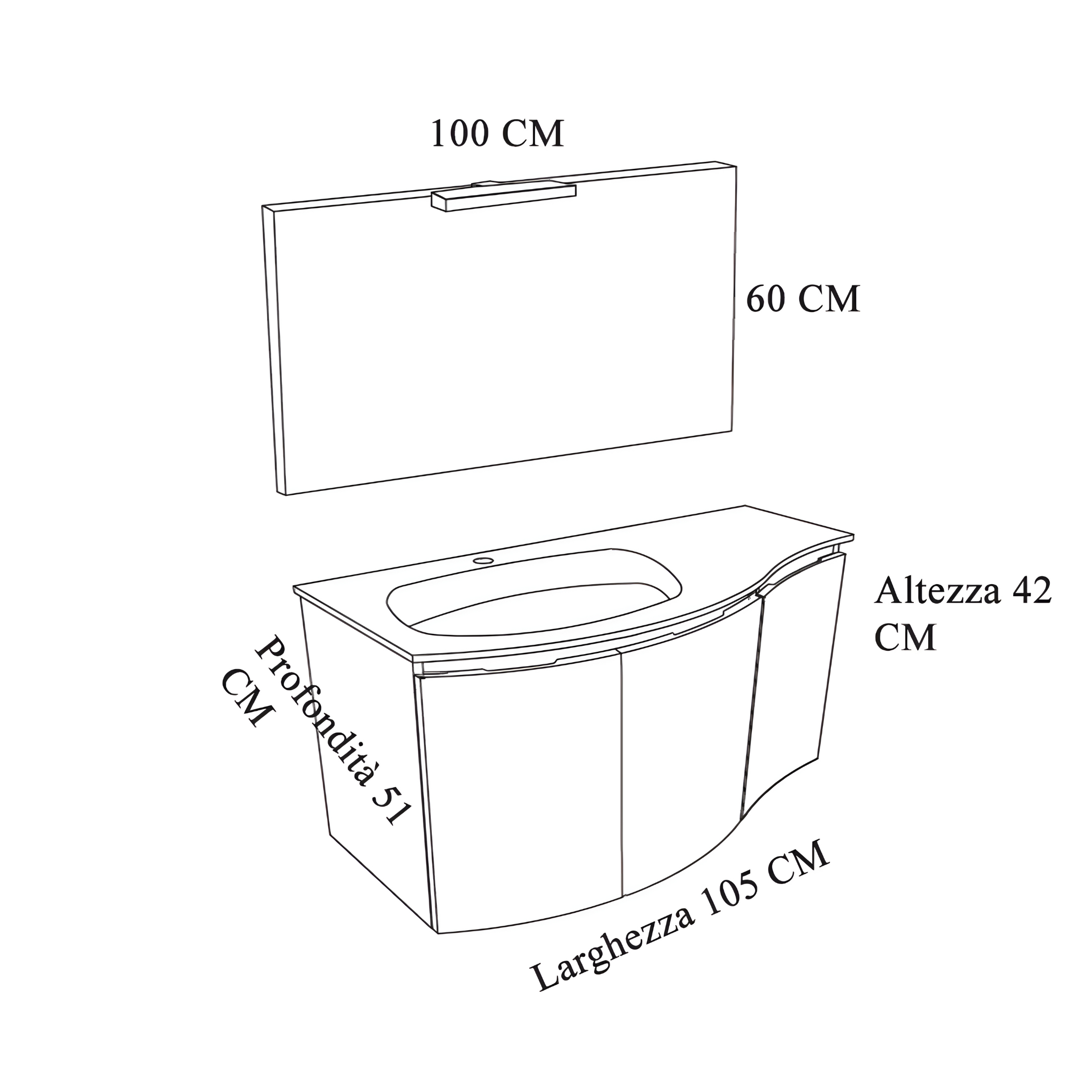 Mobile da bagno sospeso "Malani" 3 ante con specchio LED e lavabo integrato cm 105x50 55h