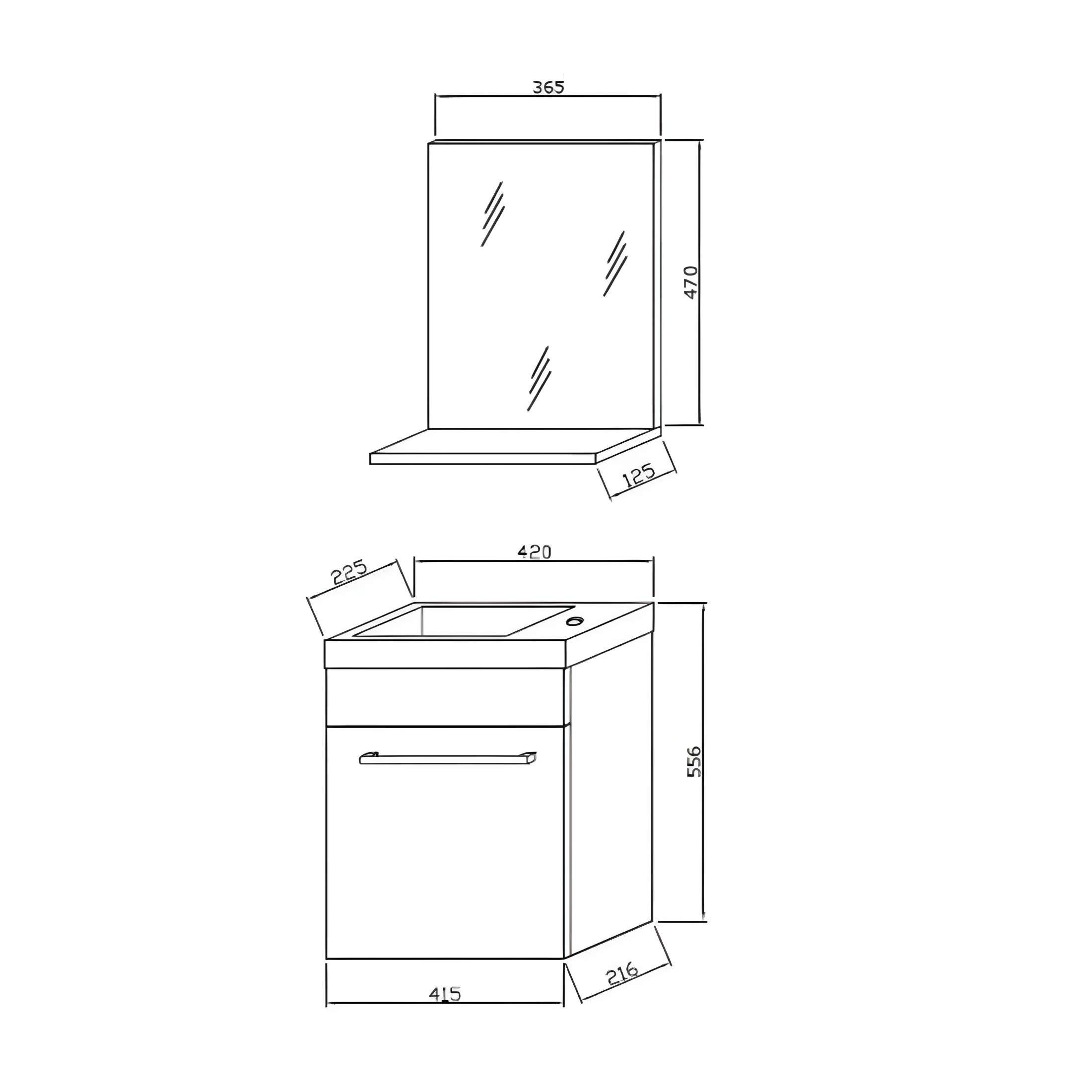 Mobile da bagno sospeso "Kalua" con lavabo in ceramica integrato e specchiera con mensola cm 42x23 105h