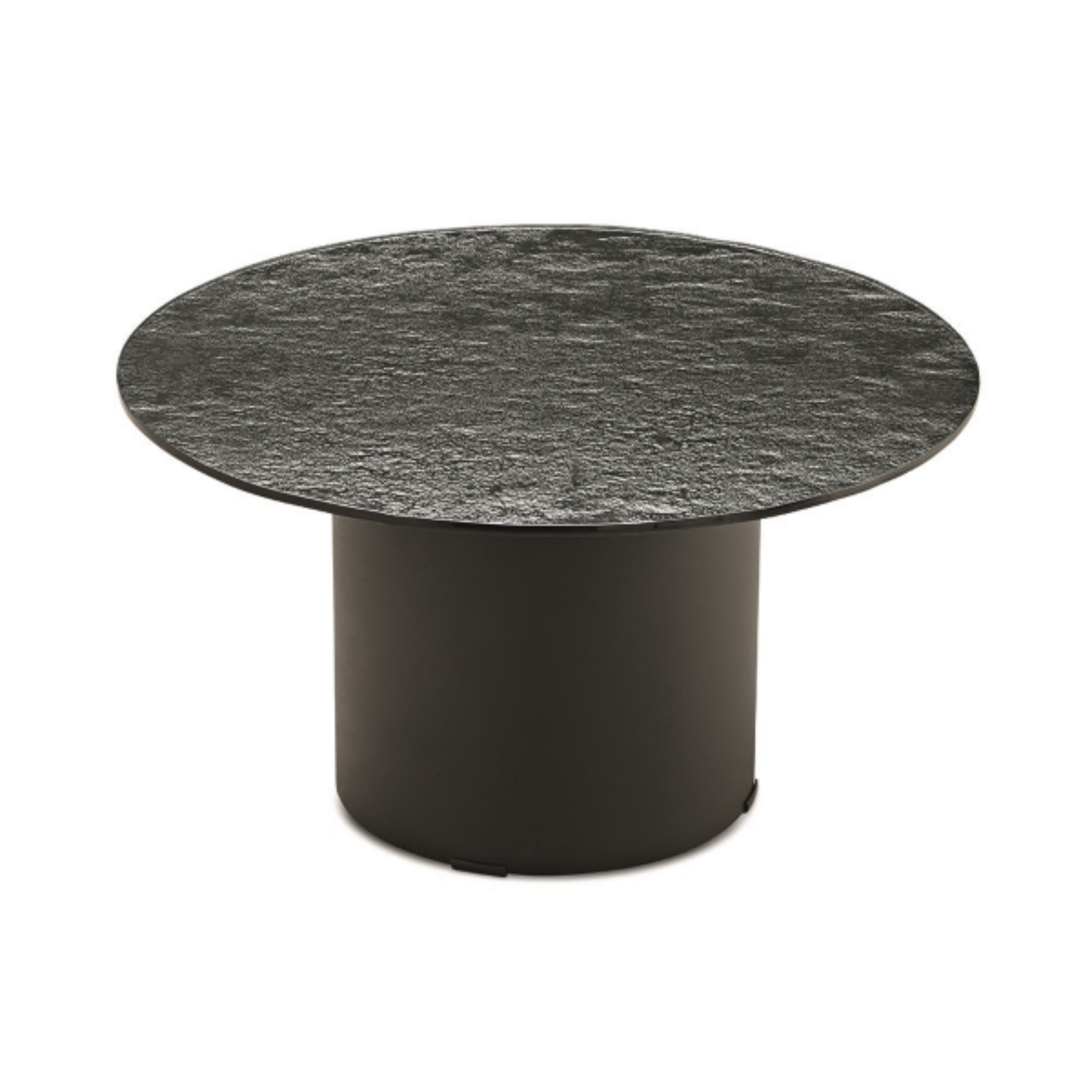 Table basse ronde "Dixon" avec piètement en métal et plateau en verre
