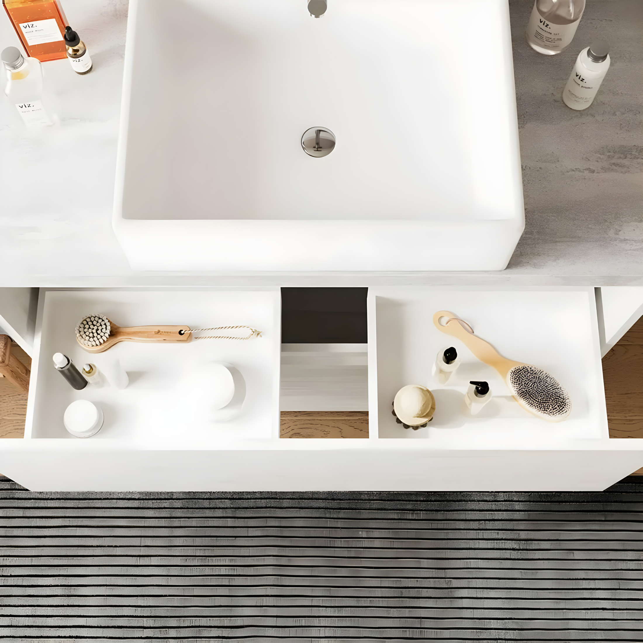 Set mobile da bagno moderno in legno "Elorin" con top specchio LED e lavabo da appoggio