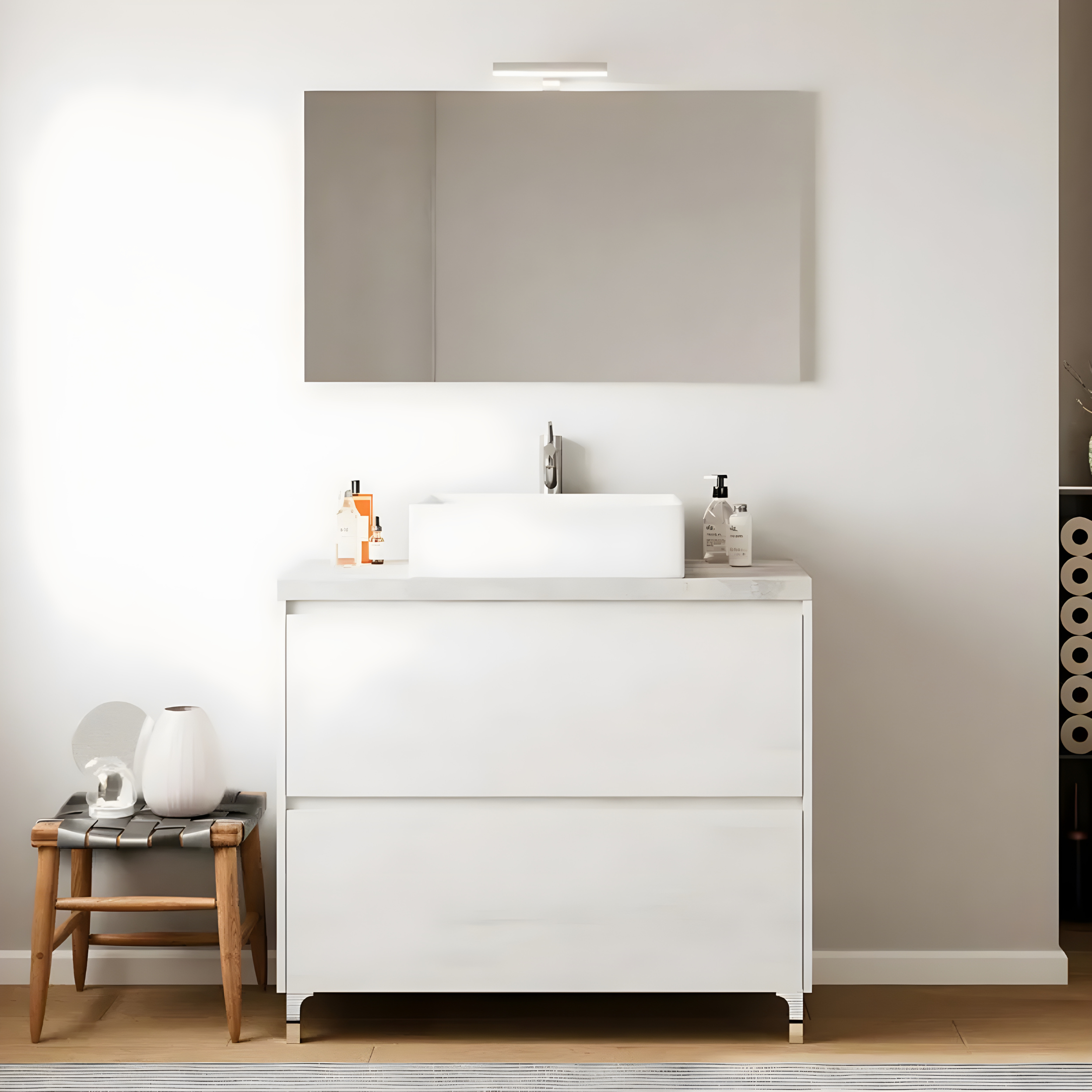 Set mobile da bagno moderno in legno "Elorin" con top specchio LED e lavabo da appoggio