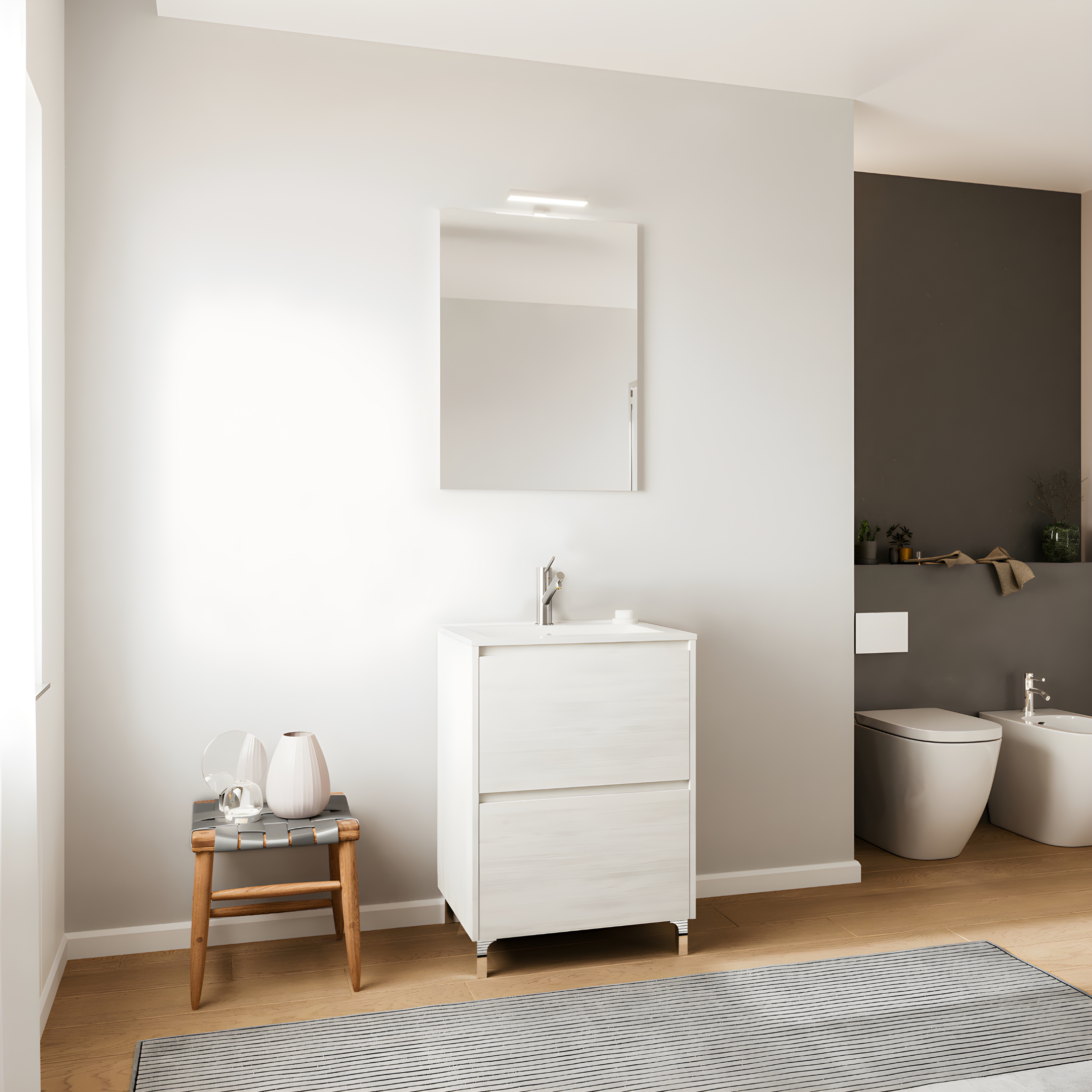 Set mobile da bagno moderno "Elorin" in legno con lavabo e specchio LED