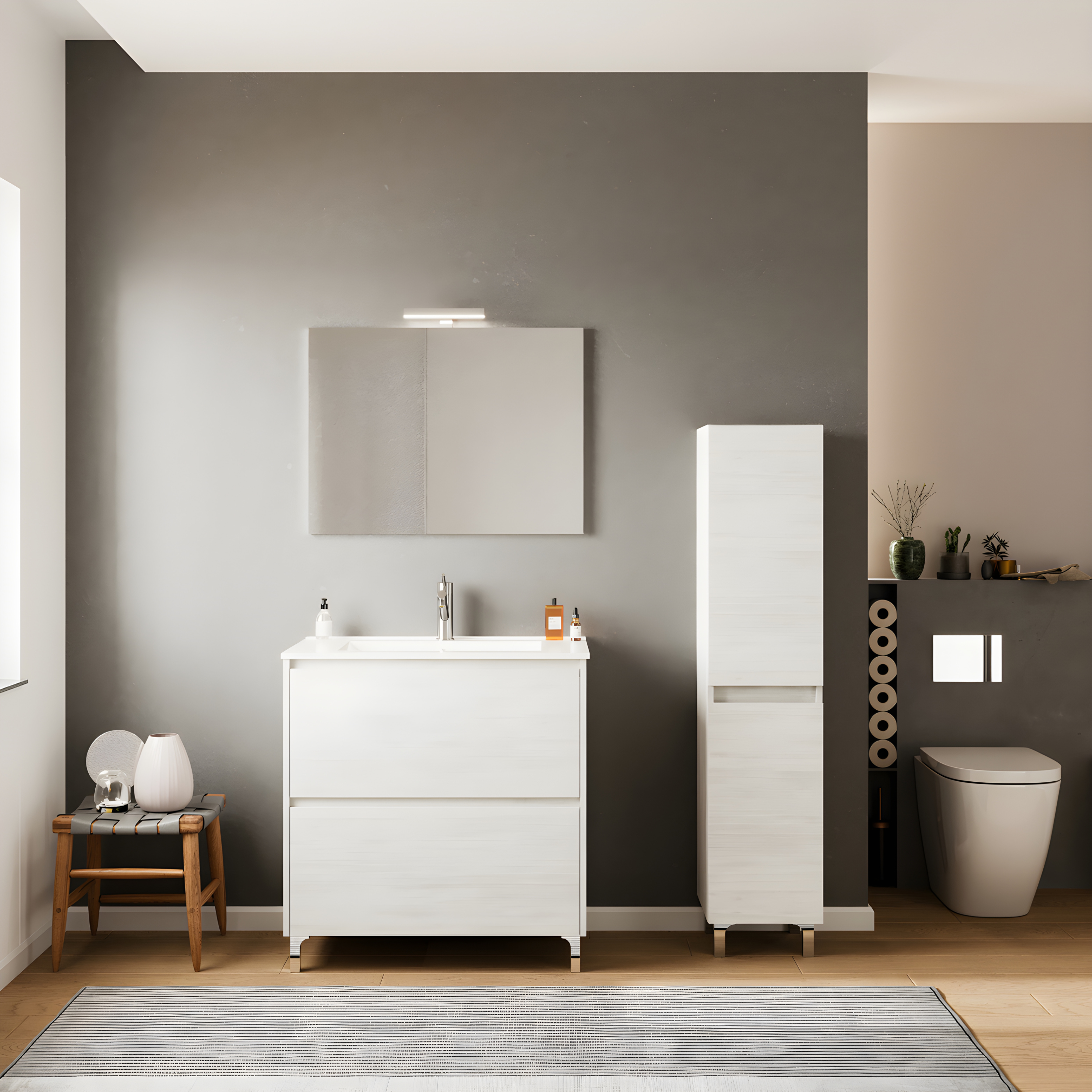 Set mobile da bagno moderno "Elorin" in legno con lavabo e specchio LED