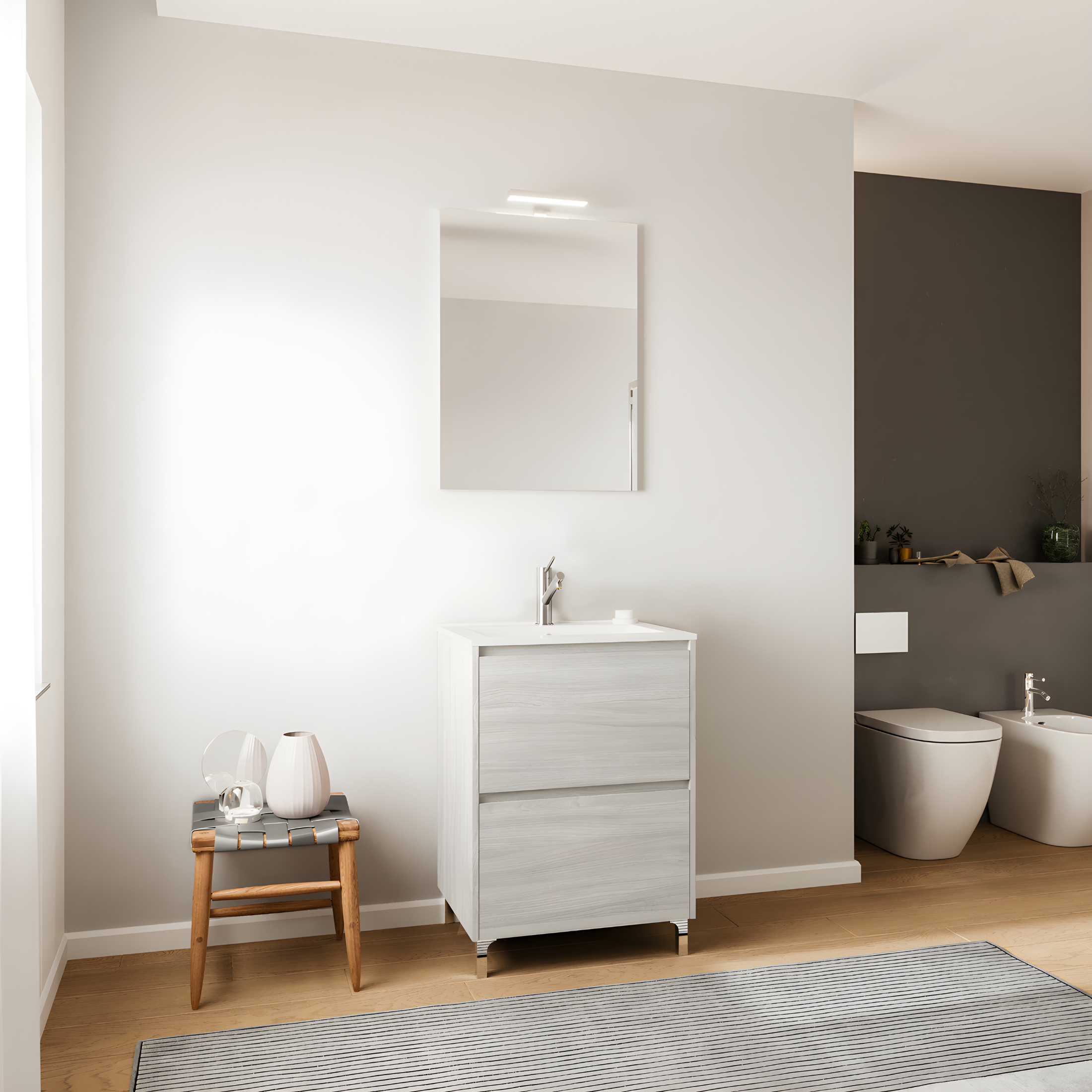 Set mobile da bagno moderno "Elorin" in legno con lavabo e specchio LED