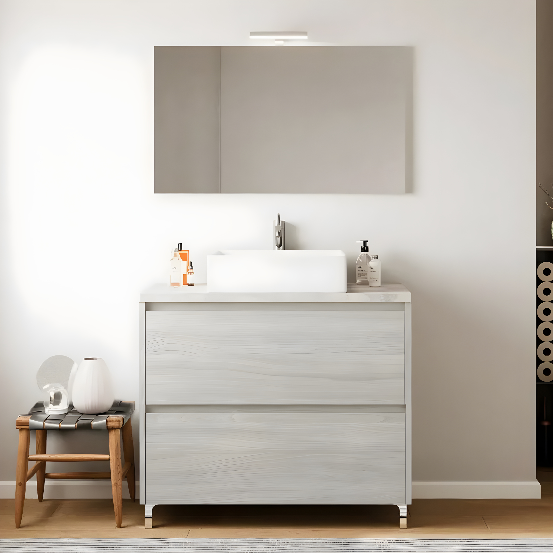 Set mobile da bagno moderno in legno "Elorin" con top specchio LED e lavabo da appoggio