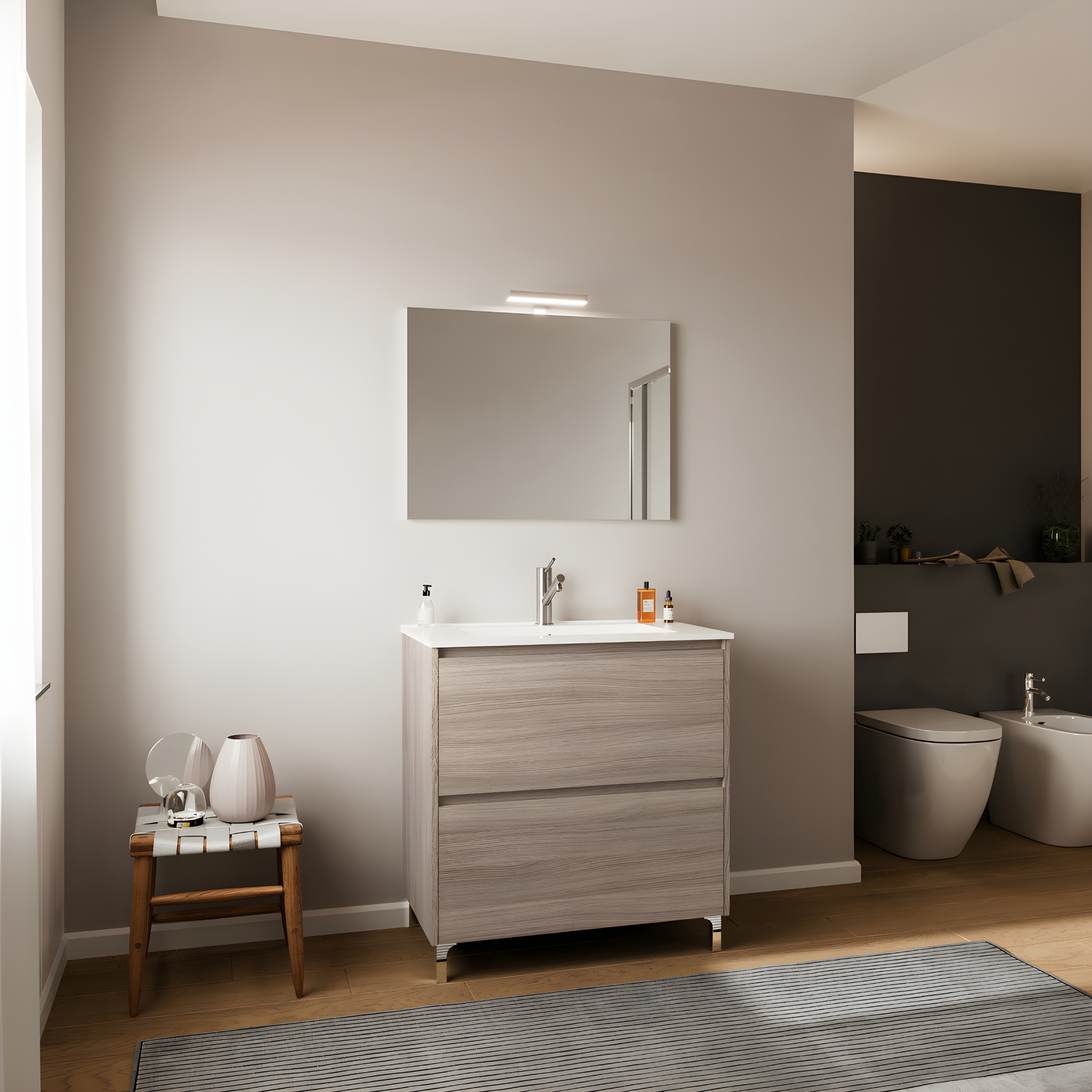 Set mobile da bagno moderno "Elorin" in legno con lavabo e specchio LED