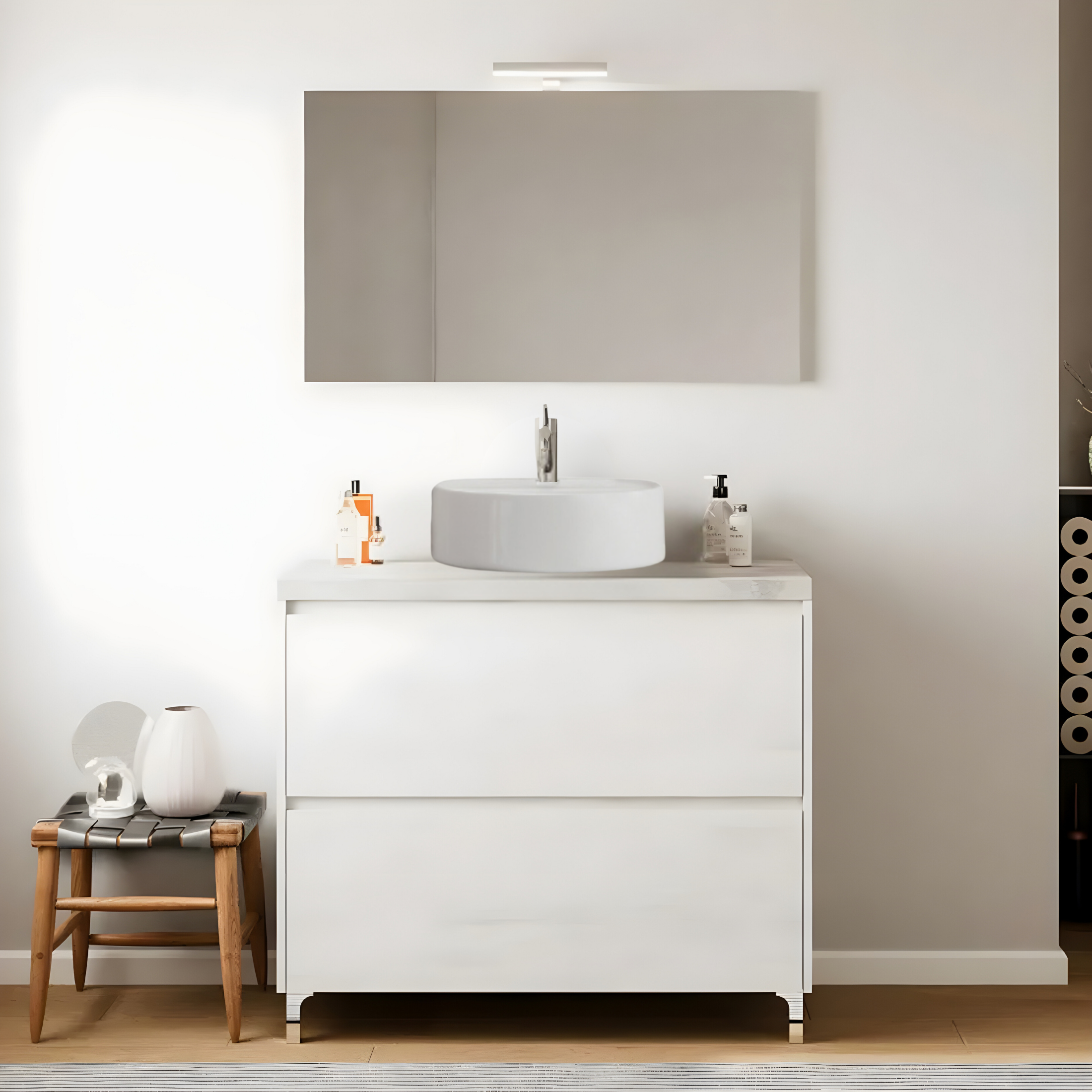 Set mobile da bagno moderno in legno "Elorin" con top specchio LED e lavabo da appoggio