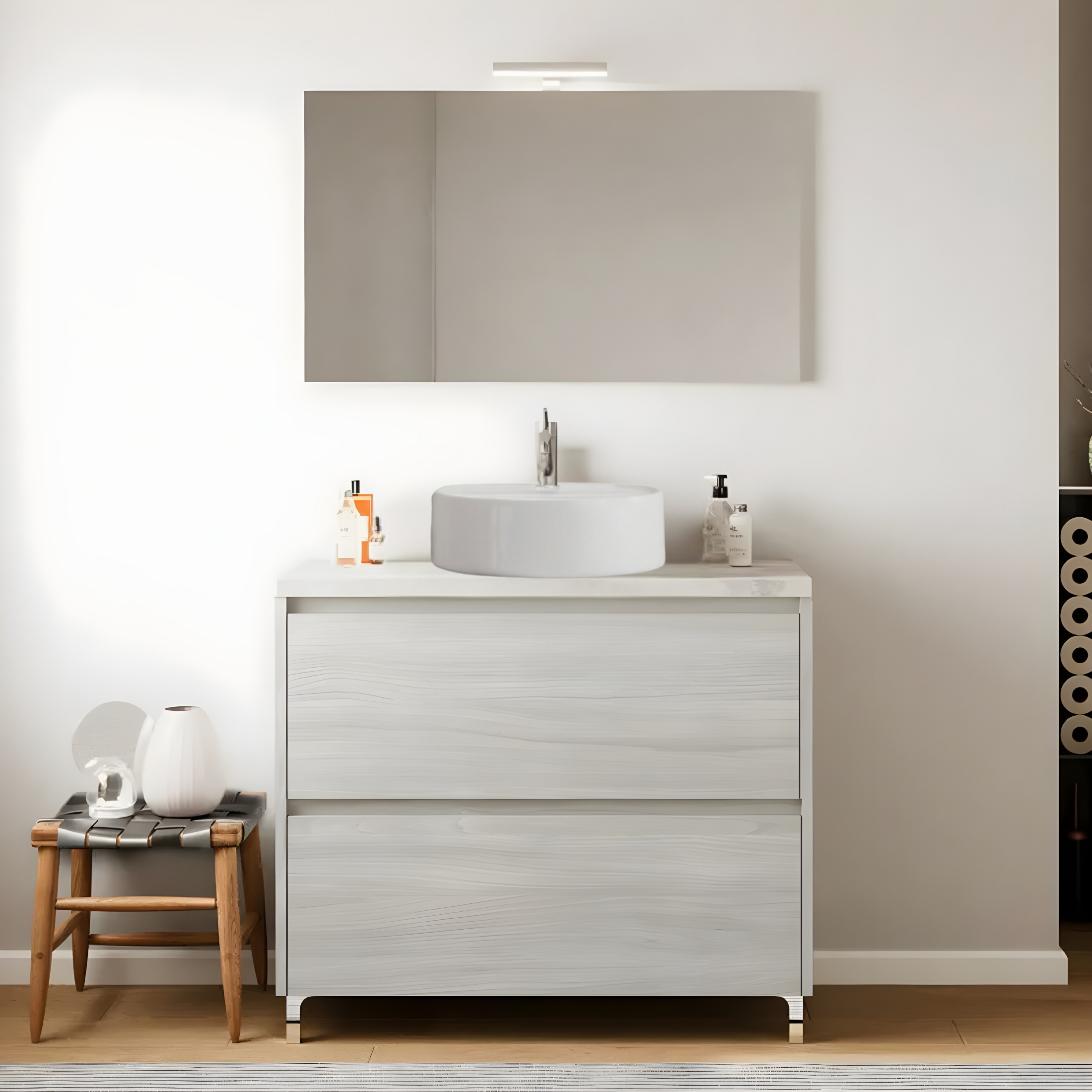 Set mobile da bagno moderno in legno "Elorin" con top specchio LED e lavabo da appoggio