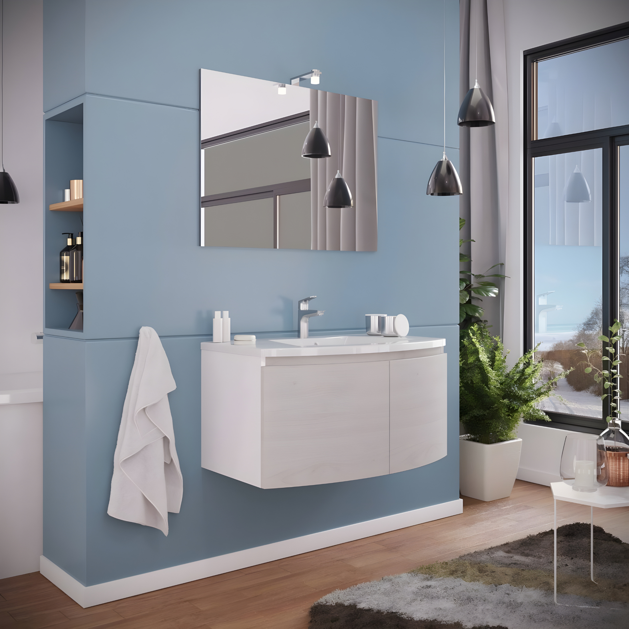 Mobile sospeso da bagno "Ettore" a 2 ante con specchio LED e lavabo in ceramica cm 80x49 42h