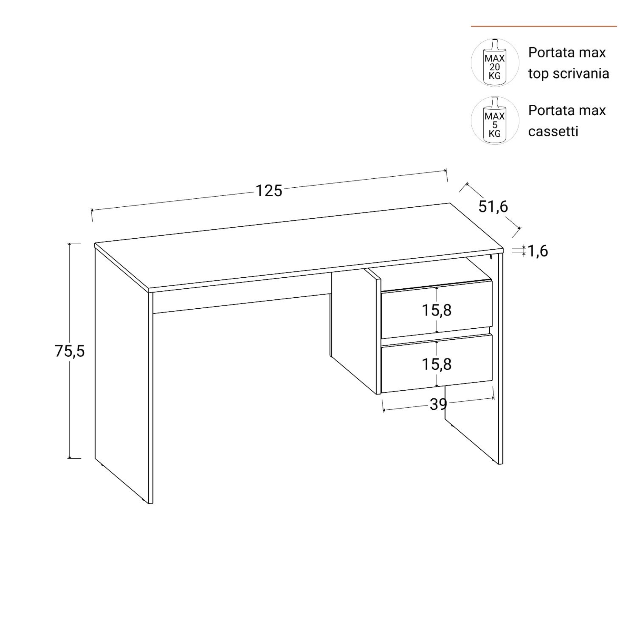 Scrivania moderna "Fifo" con 2 cassetti cm 125x51 75h