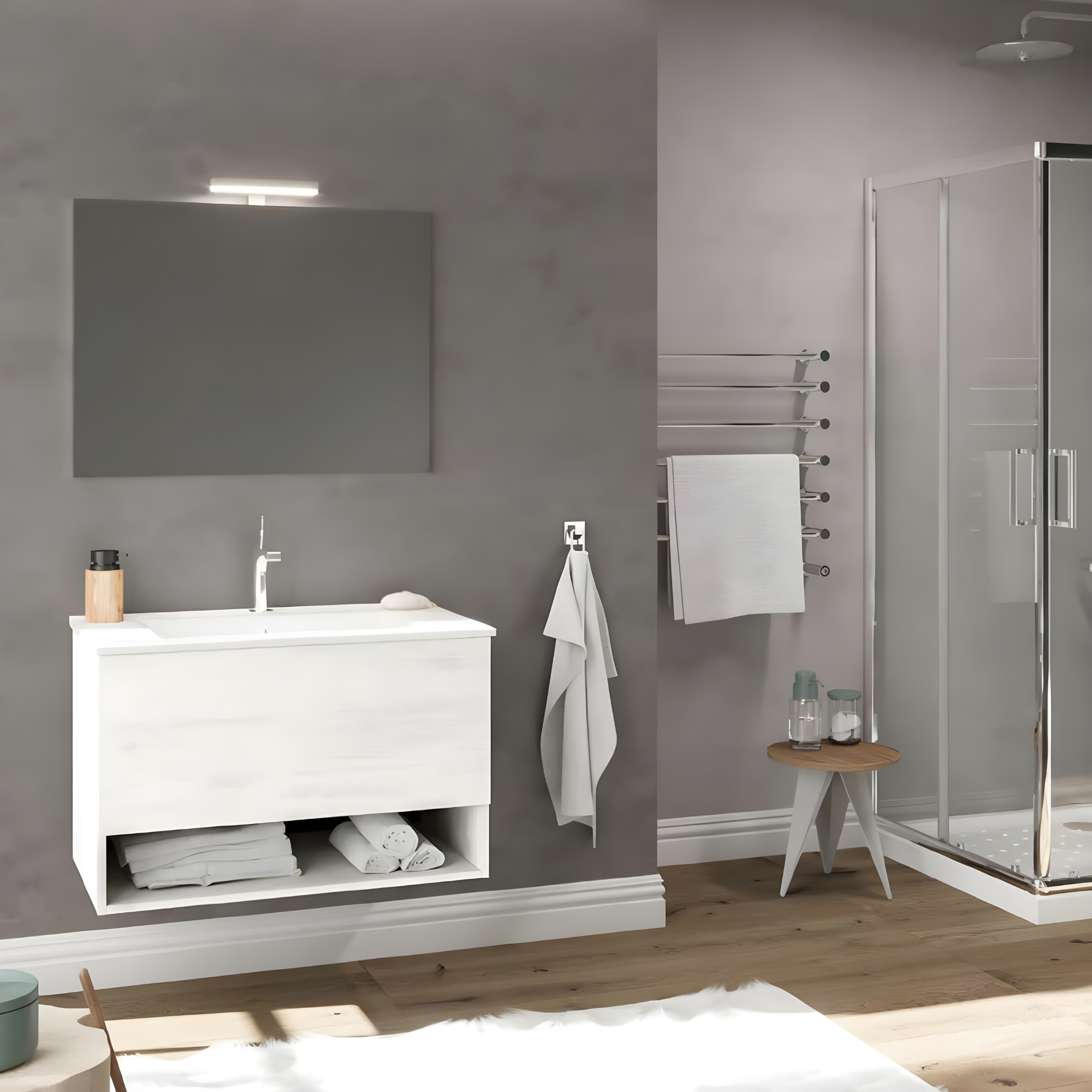 Mobile da bagno sospeso "Lunaris4" con vano contenitore lavabo integrato e specchio LED