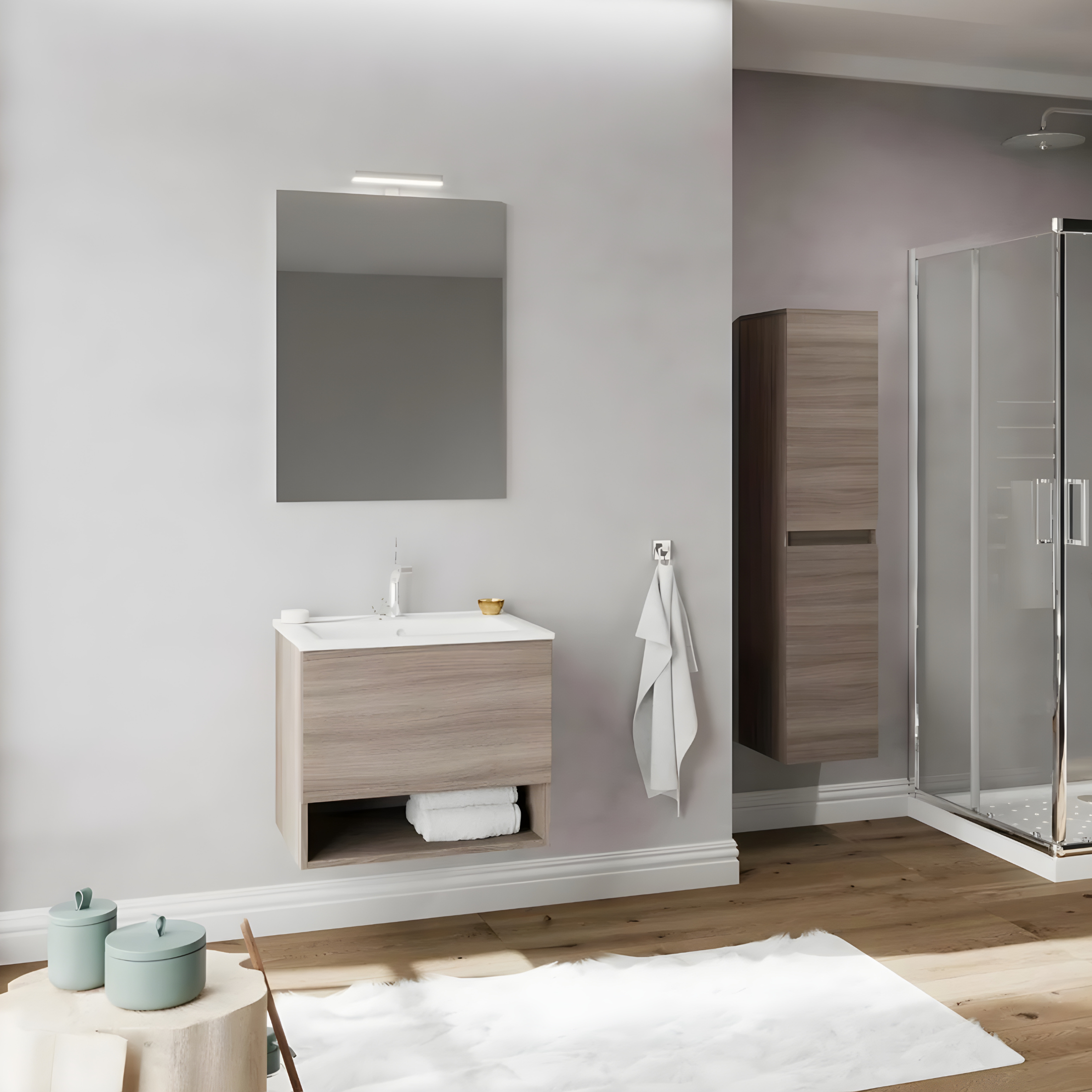 Mobile da bagno sospeso "Lunaris4" con vano contenitore lavabo integrato e specchio LED