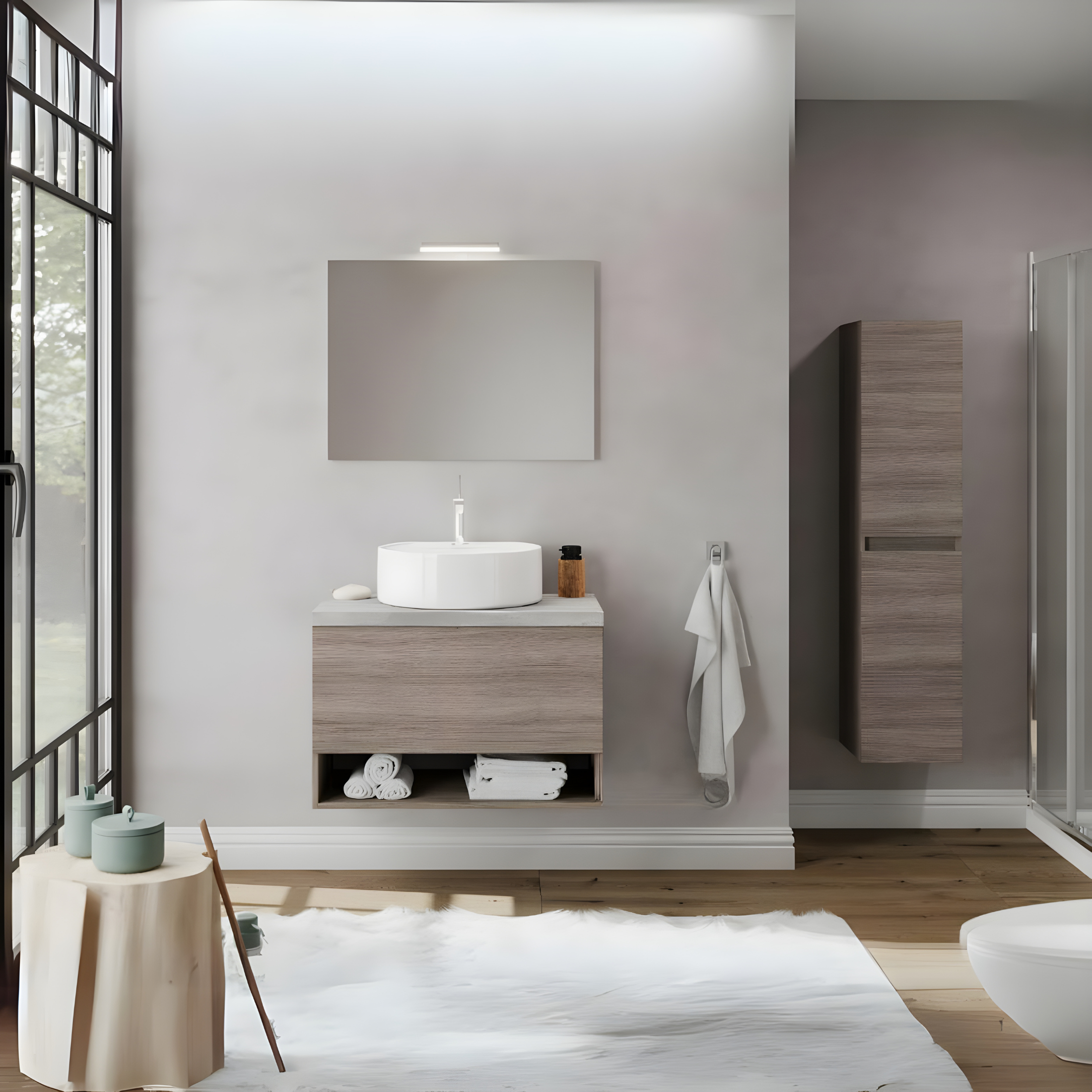 Mobile da bagno sospeso "Lunaris3" con vano contenitore lavabo da appoggio e specchio LED