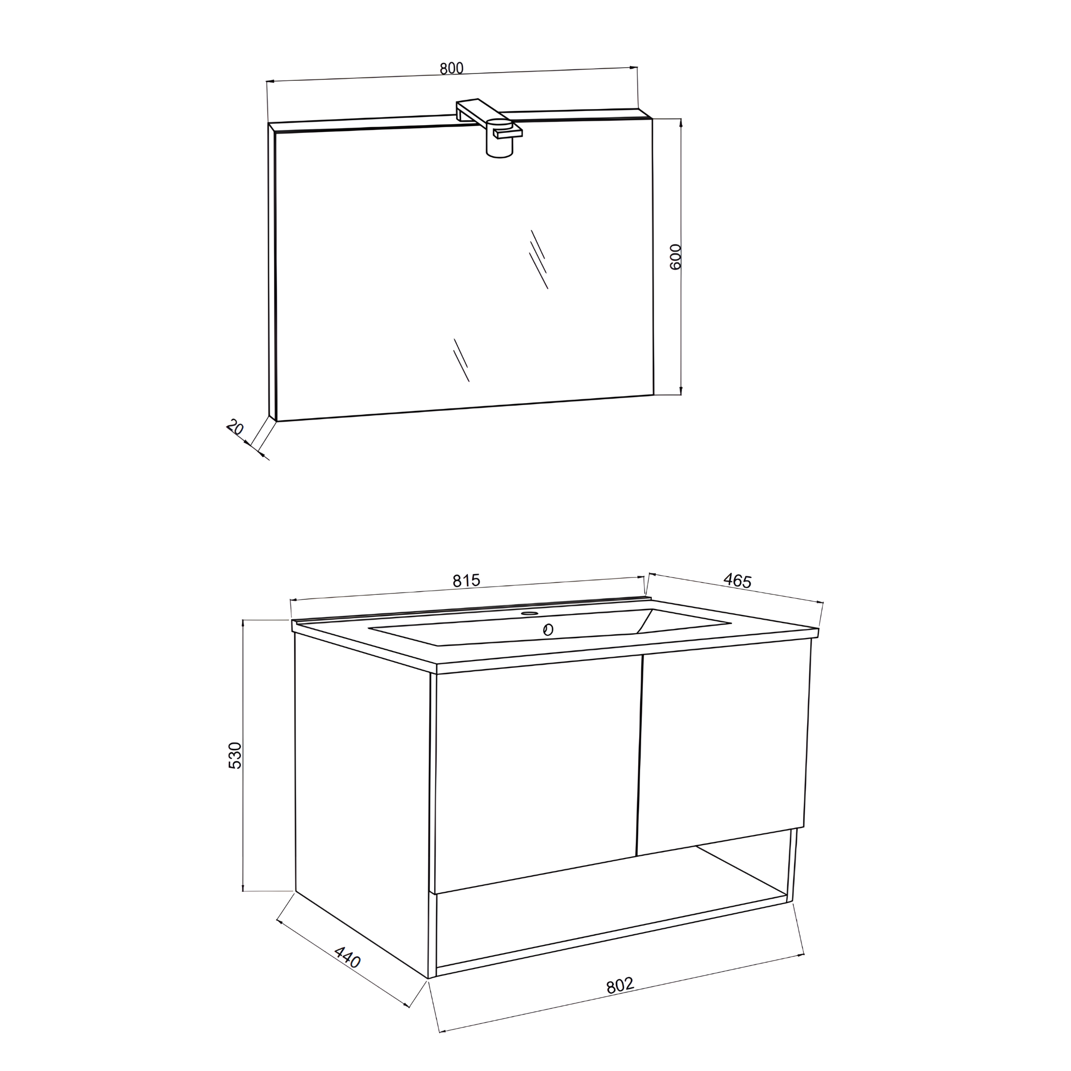 Mobile da bagno sospeso "Lunaris2" con lavabo integrato a 2 ante moderno con specchio LED