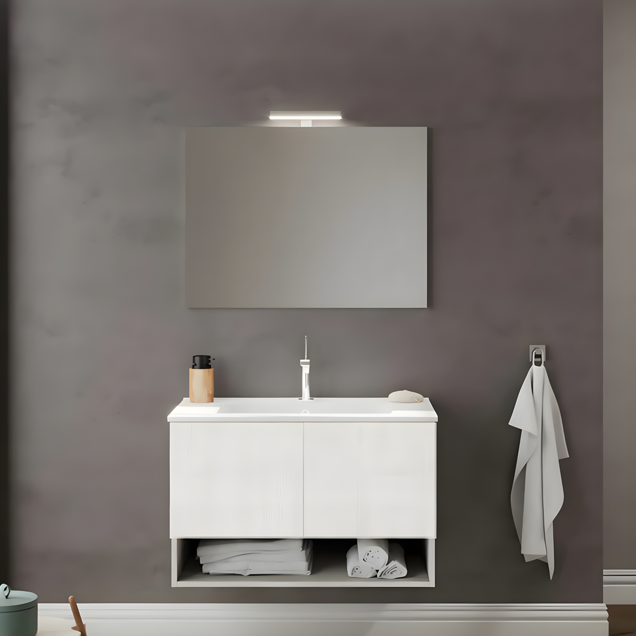 Mobile da bagno sospeso "Lunaris2" con lavabo integrato a 2 ante moderno con specchio LED