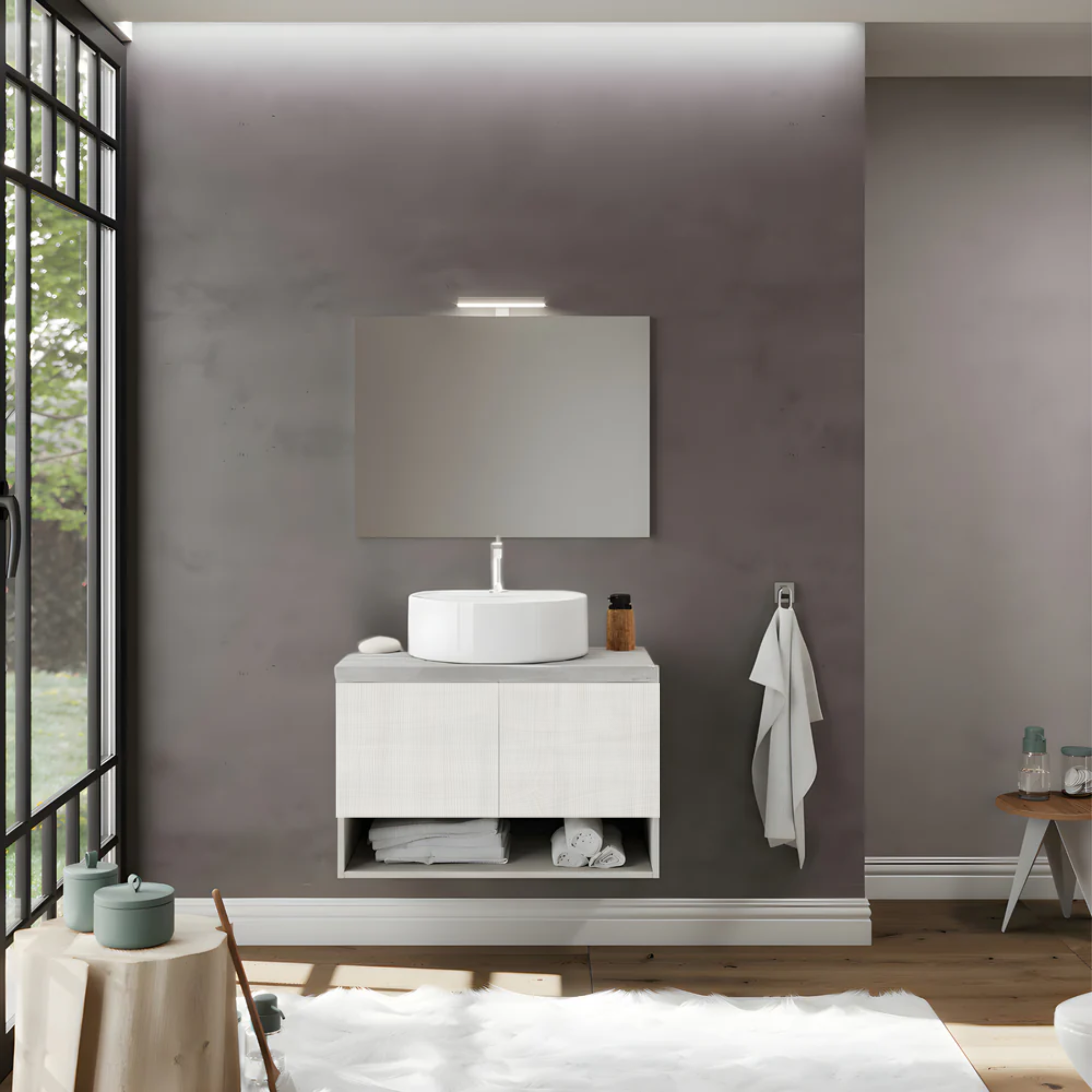 Mobile da bagno sospeso "Lunaris1" con lavabo da appoggio 2 ante e base con specchio LED