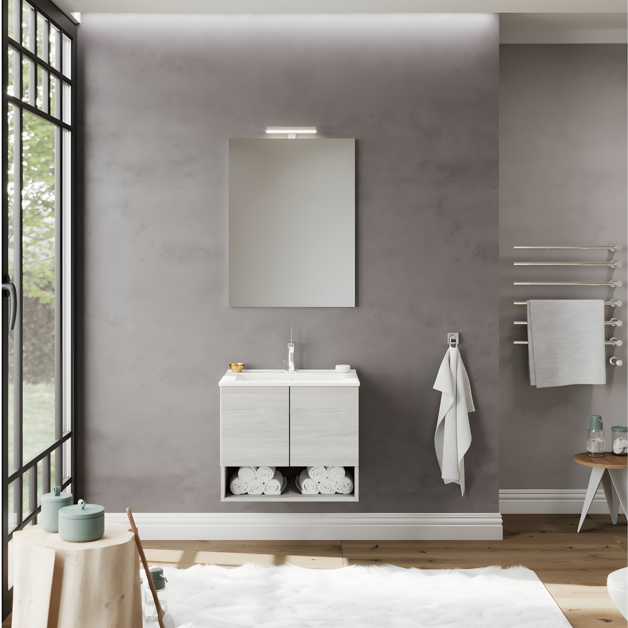 Mobile da bagno sospeso "Lunaris2" con lavabo integrato a 2 ante moderno con specchio LED