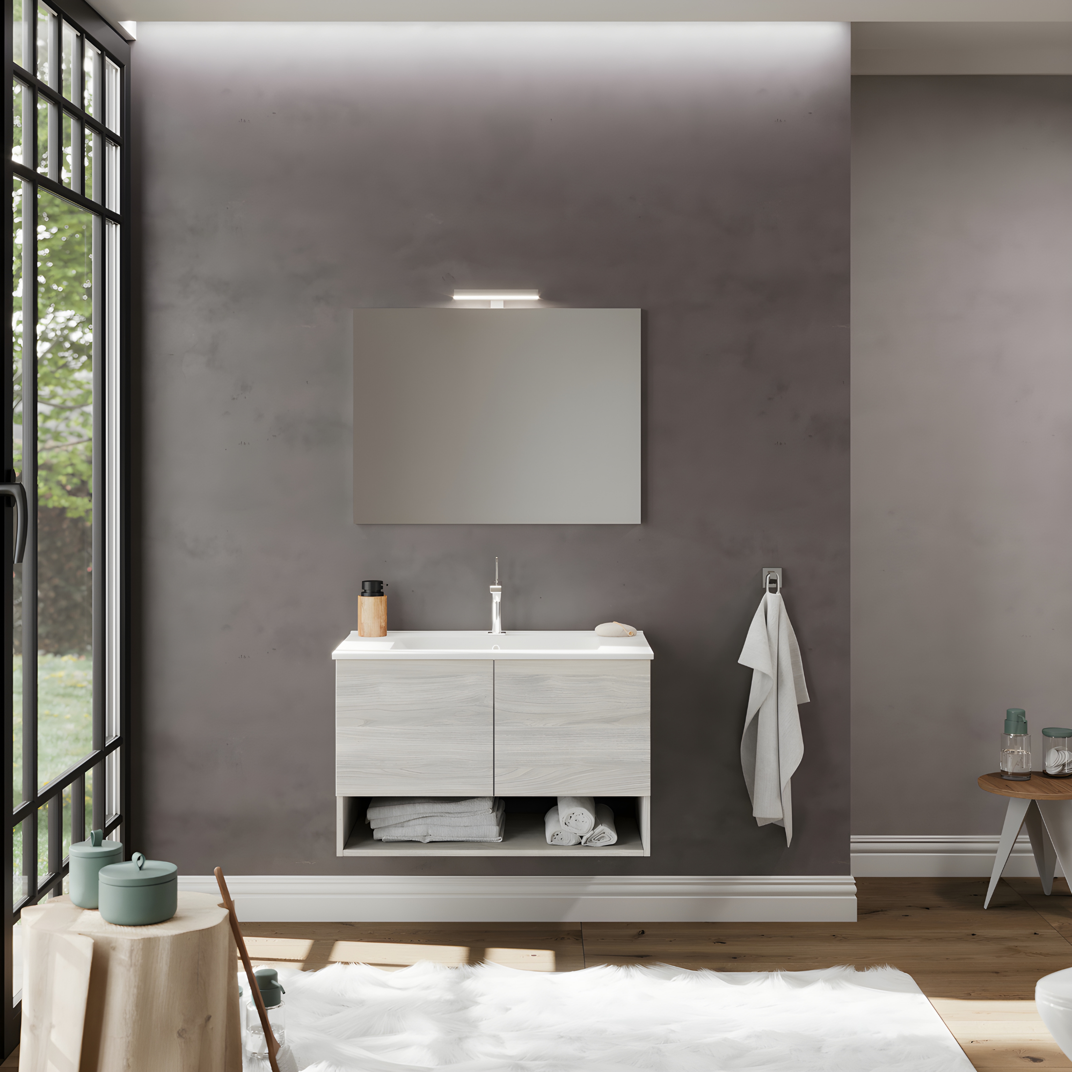 Mobile da bagno sospeso "Lunaris2" con lavabo integrato a 2 ante moderno con specchio LED