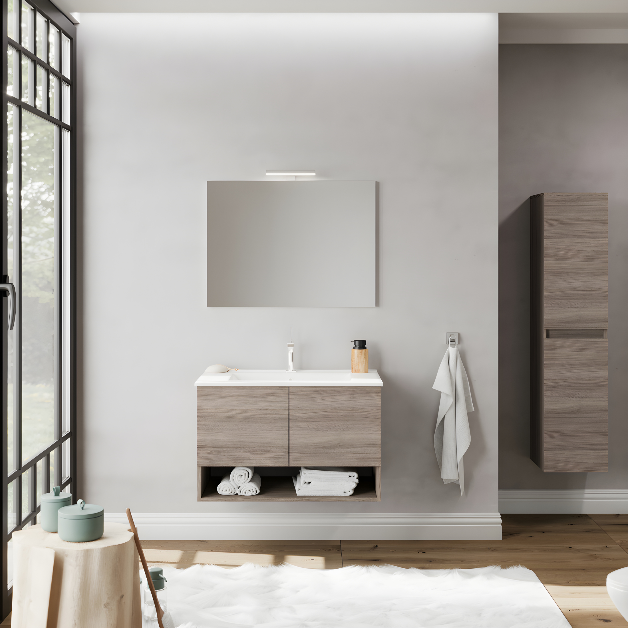 Mobile da bagno sospeso "Lunaris2" con lavabo integrato a 2 ante moderno con specchio LED