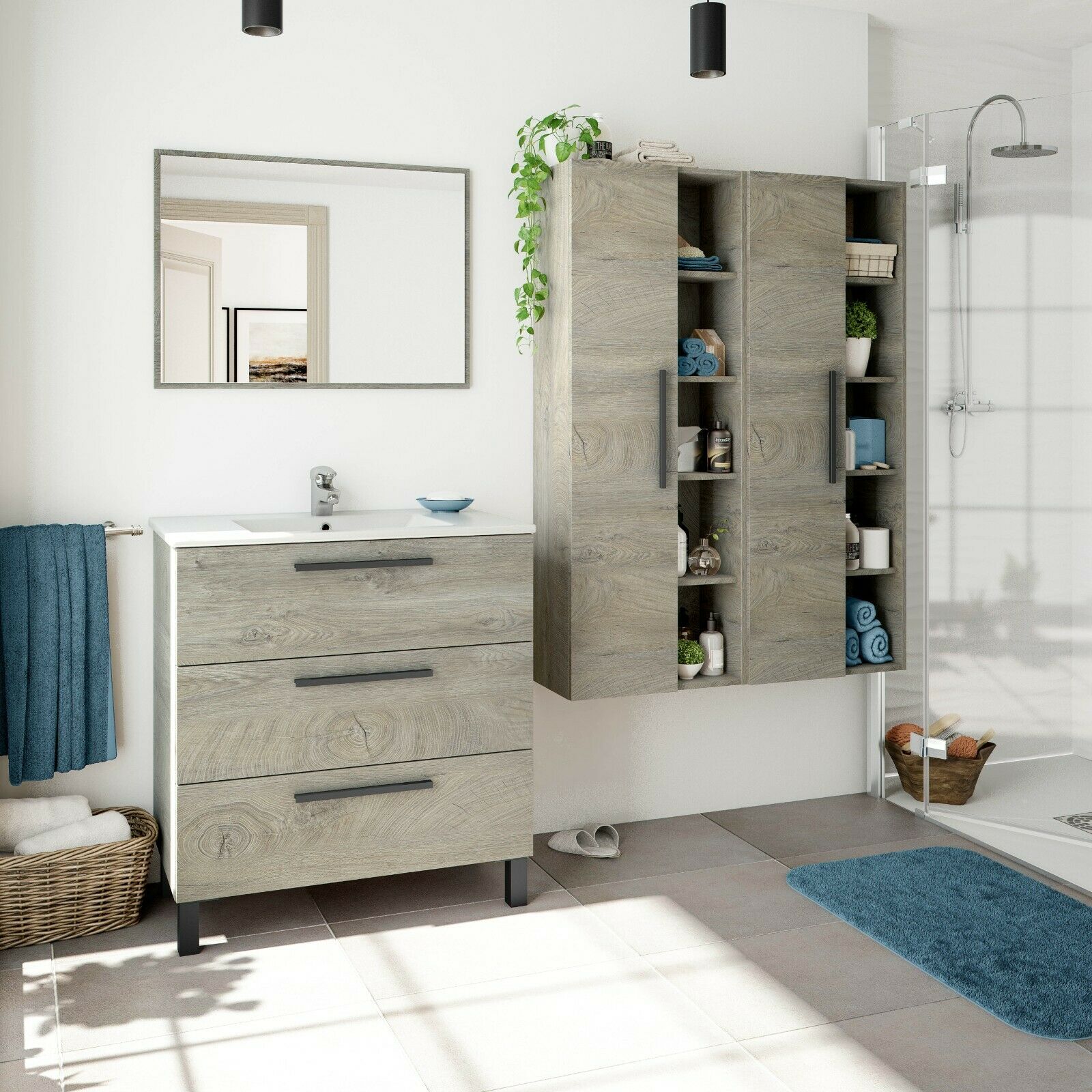 Mueble de baño Athena de madera de roble con espejo y patas elevadas