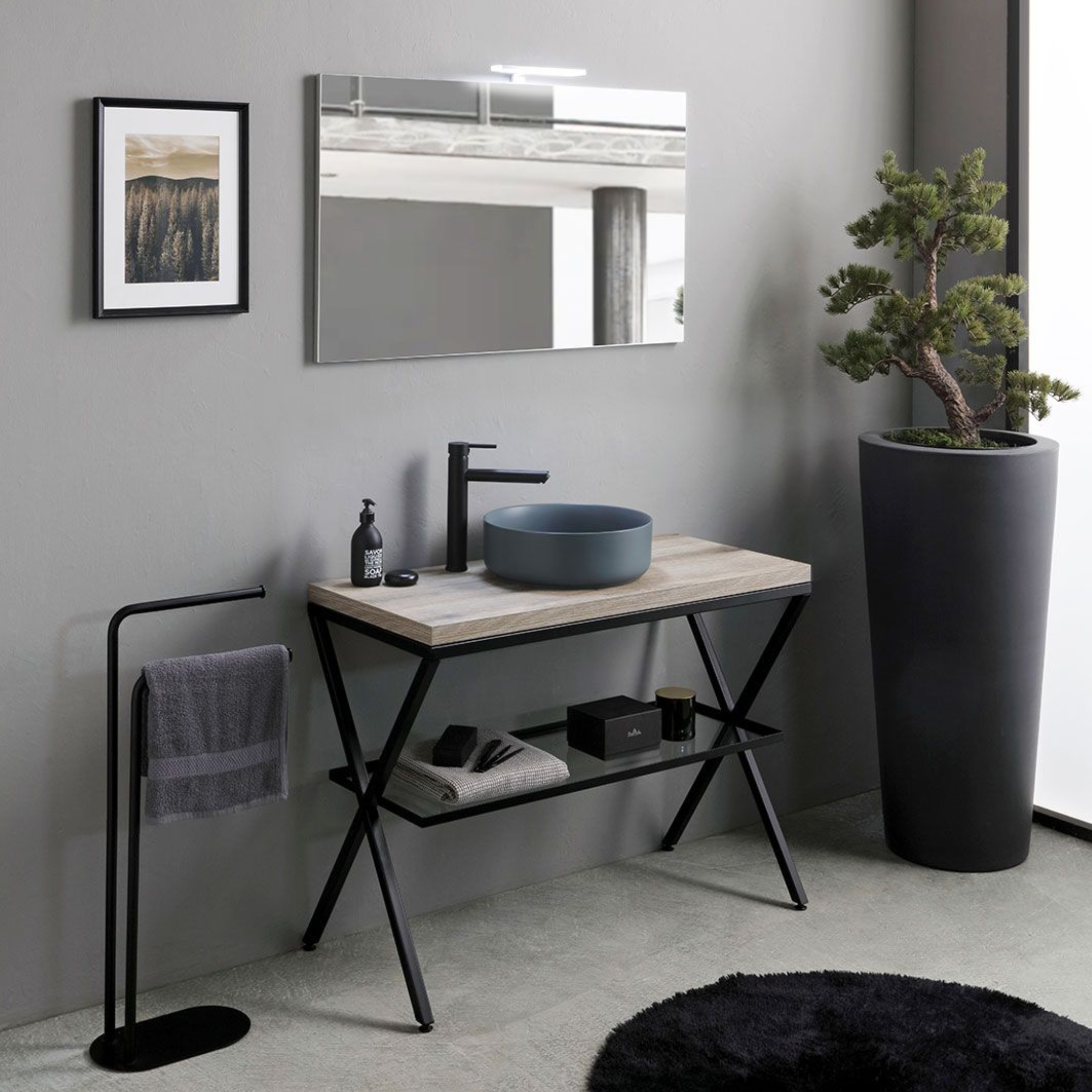 Mobile bagno a terra rovere fossile "Medellín" 100 cm con lavabo grigio rotondo in ceramica e specchio rettangolare