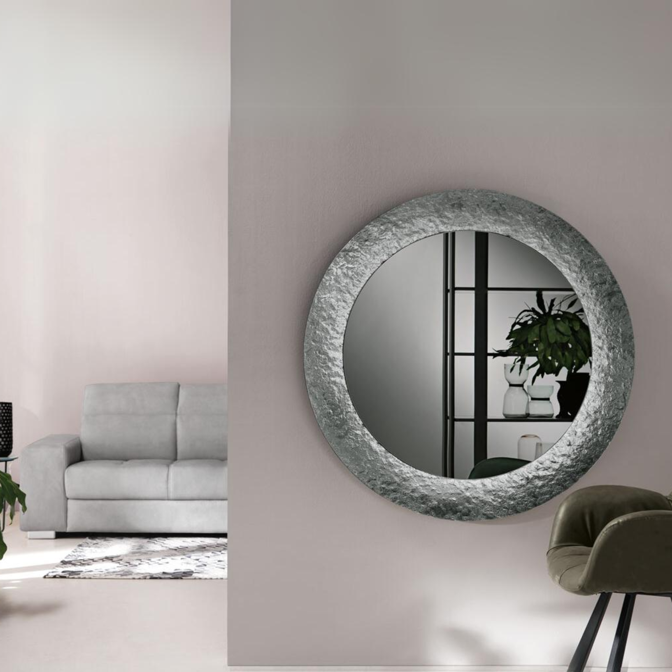 Specchio da parete "Nidra" rotondo con cornice in vetro effetto martellato