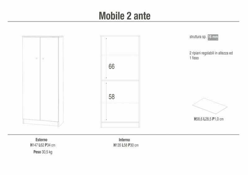 Mobile in legno armadio 2 ante 3 ripiani regolabili "Matilde" cm 62x34 147h