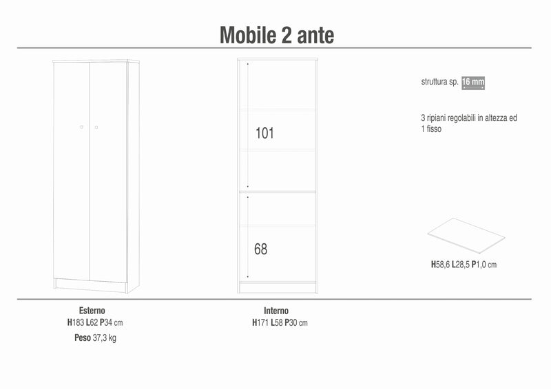 Mueble de entrada moderno con 2 puertas de madera "Gioia" 62x34 cm 183h