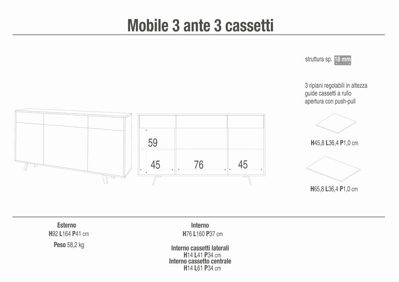 Mobile in legno 3 ante 3 cassetti "Angy" cass push cm 164x41 92h