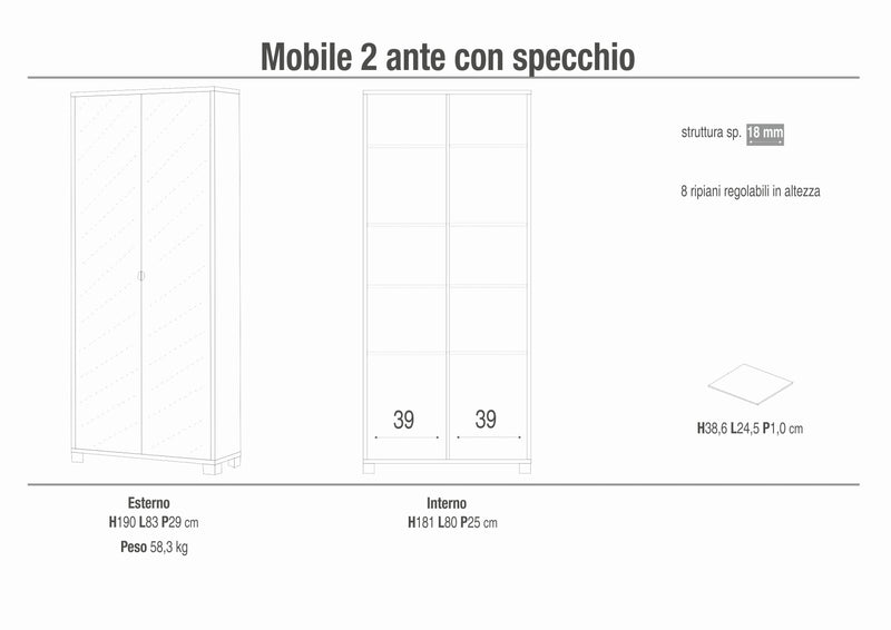 Mobile 2 ante specchiato "Madrid" armadio piedini cromo cm 83x29 190h