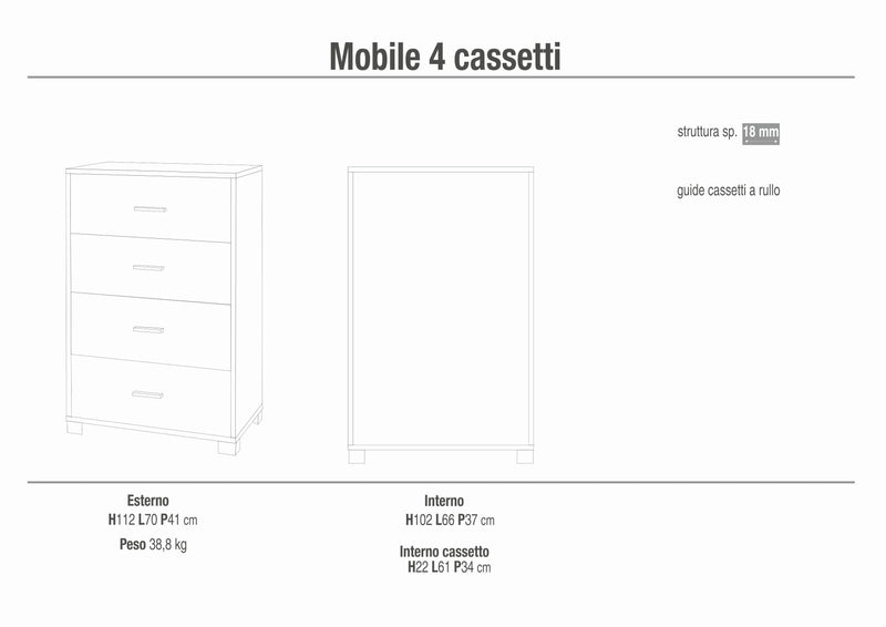 Mobile 4 cassetti in legno con piedini "Clara" cm 70x41 112h