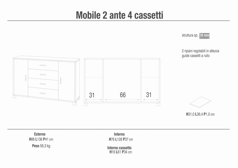 Mobile ingresso in legno "Romeo" con 4 cassetti e 2 ante cm 136x41 86h