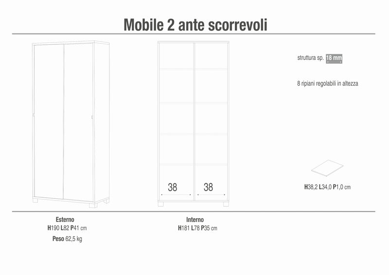 Mobile armadio 2 ante in legno "Slide" con ante scorrevoli cm 82x41 190h