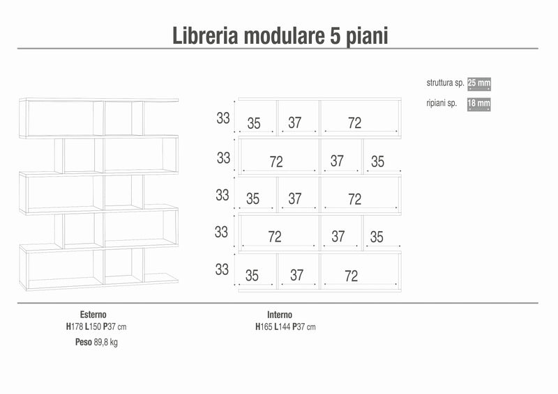 Libreria moderna divisoria modulare 5 piani "Talento" cm 150x37 178h