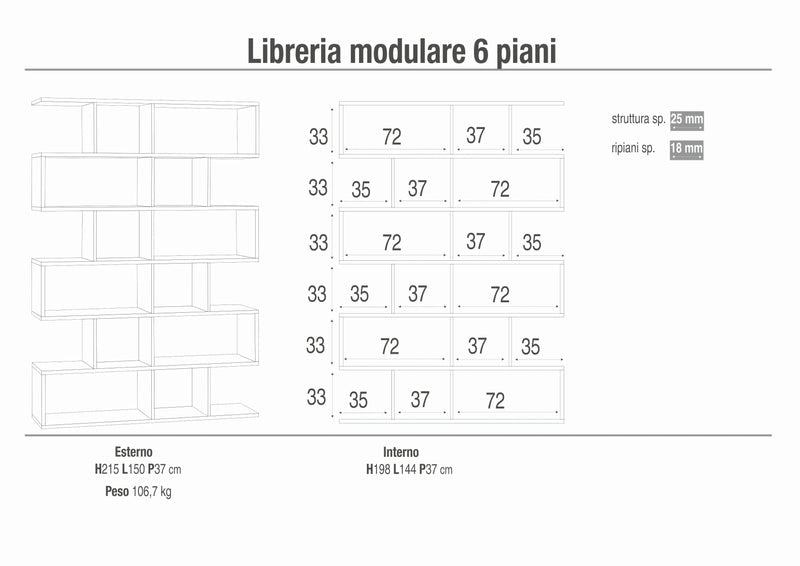 Libreria divisoria modulare moderna 6 piani "Freud" cm 150x37 215h