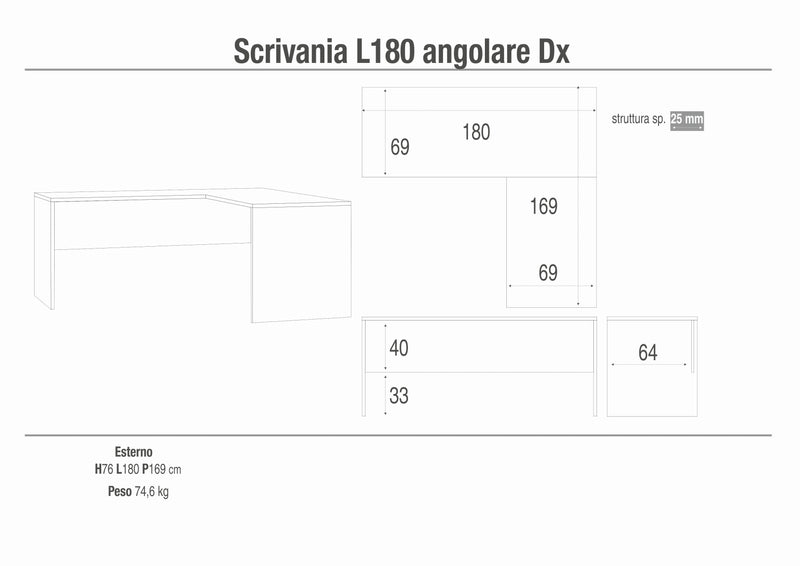 Bureau d'angle moderne en bois "Sofia" spacieux 180x169 cm 76h