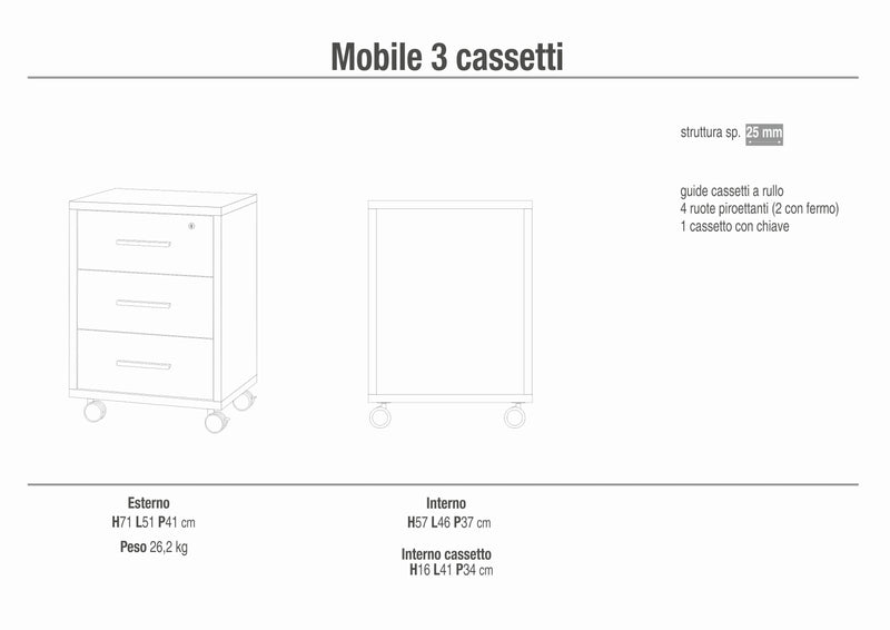 Mobile 3 cassetti con rotelle in legno "Double" versatile cm 51x41 71h