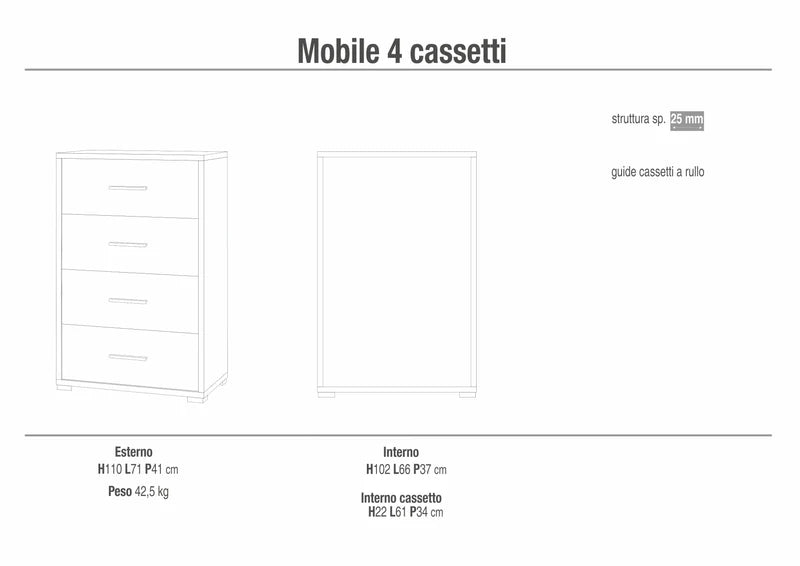 Cassettiera mobile in legno "Project" 4 cassetti multifunzione cm 71x41 110h
