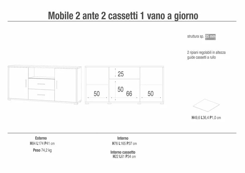 Meuble en bois "Twinfit" avec 2 portes et 2 tiroirs, buffet d'entrée 174x41 cm 82h