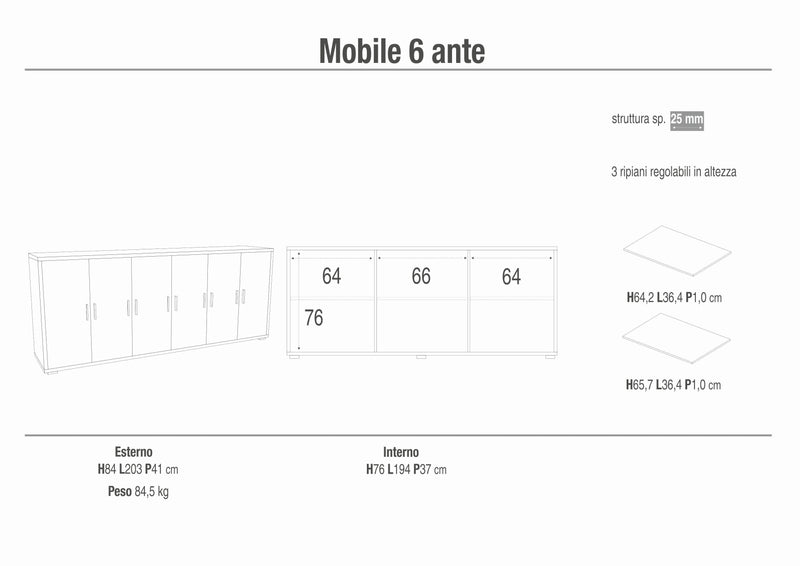 Mobile credenza in legno 6 ante "Parigi" moderno cm 203x41 84h